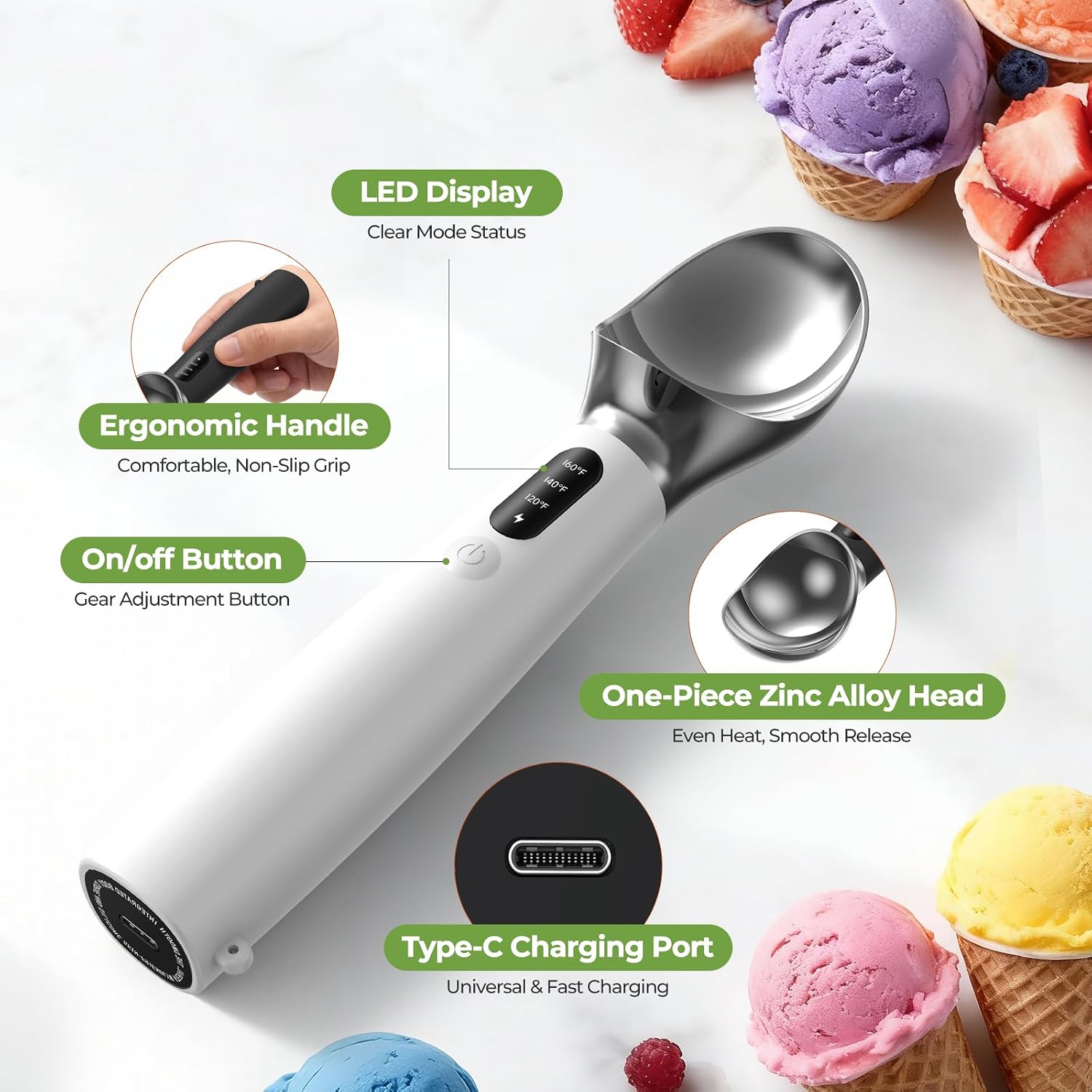 Heated Ice Cream Scoop, 3-Temp Modes & 160°F Fast Heating