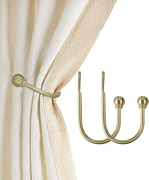 ARNORX Curtain Holdbacks, Hooks, 2 PCS,Solid Steel Hooks, Decorative French Ball End, Curtain Drapery Holdbacks, Wall Mounted, Curtain Tiebacks, Brass Brushed
