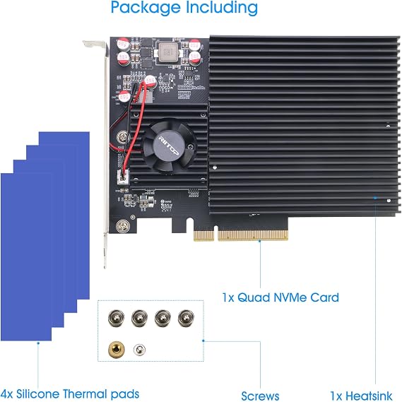 Quad NVMe PCIe Adapter, RIITOP PCIe 3.0 x8 to 4X NVMe SSD Card for M.2 (M Key) SSD 2280/2260/2242/2230 (Compatible with Non-Bifurcation Motherboard)