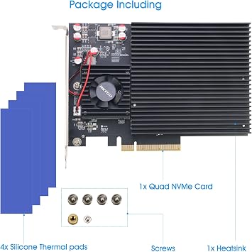Quad NVMe PCIe Adapter, RIITOP PCIe 3.0 x8 to 4X NVMe SSD Card for M.2 (M Key) SSD 2280/2260/2242/2230 (Compatible with Non-Bifurcation Motherboard)