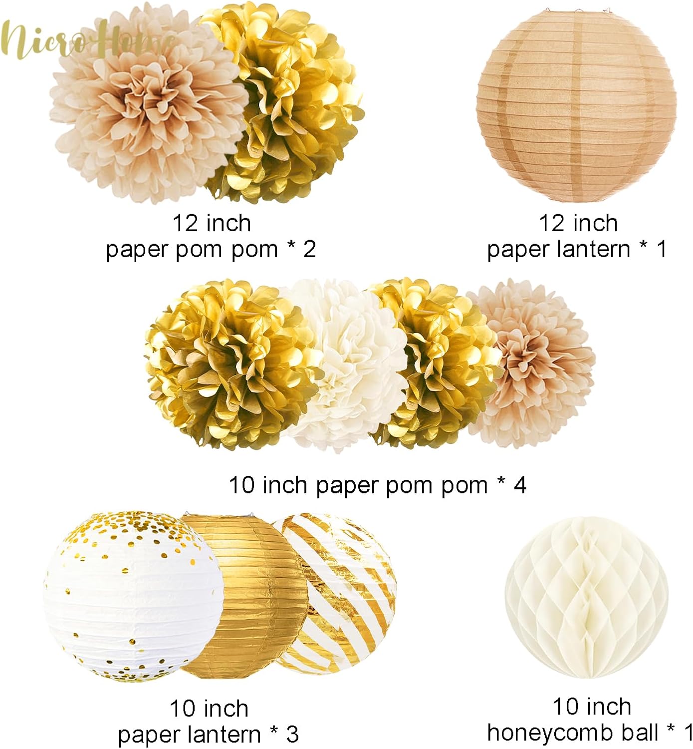 NICROHOME EUR White Gold Party Wedding Decorations, 12 PCS White Gold Champagne Tissue Paper Pom Poms Lanterns and Confetti 50G Set for Bridal Shower Wedding Birthday Prom Anniversary Table Decor - Image 3