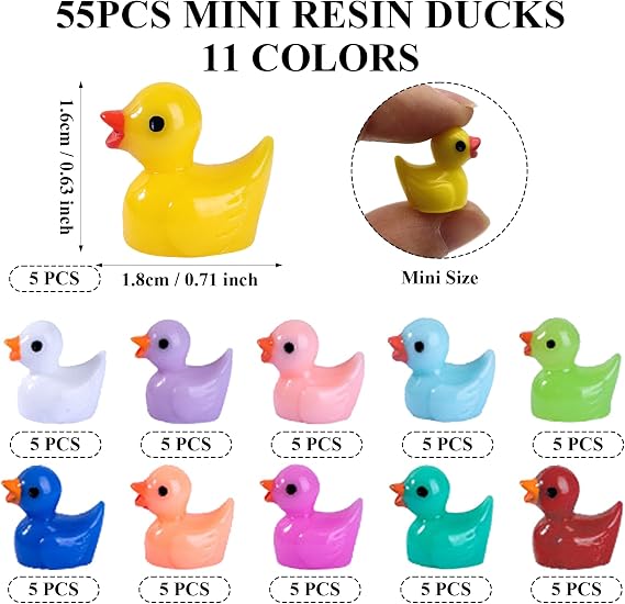 Mini Resin Ducks, 55pcs Small Ducks 11 Colors Tiny Ducks Miniature Garden Decoration Little Ducks for Fairy Garden Aquarium Landscape Ornaments Craft