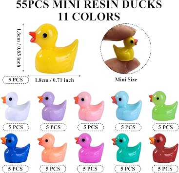 Mini Resin Ducks, 55pcs Small Ducks 11 Colors Tiny Ducks Miniature Garden Decoration Little Ducks for Fairy Garden Aquarium Landscape Ornaments Craft