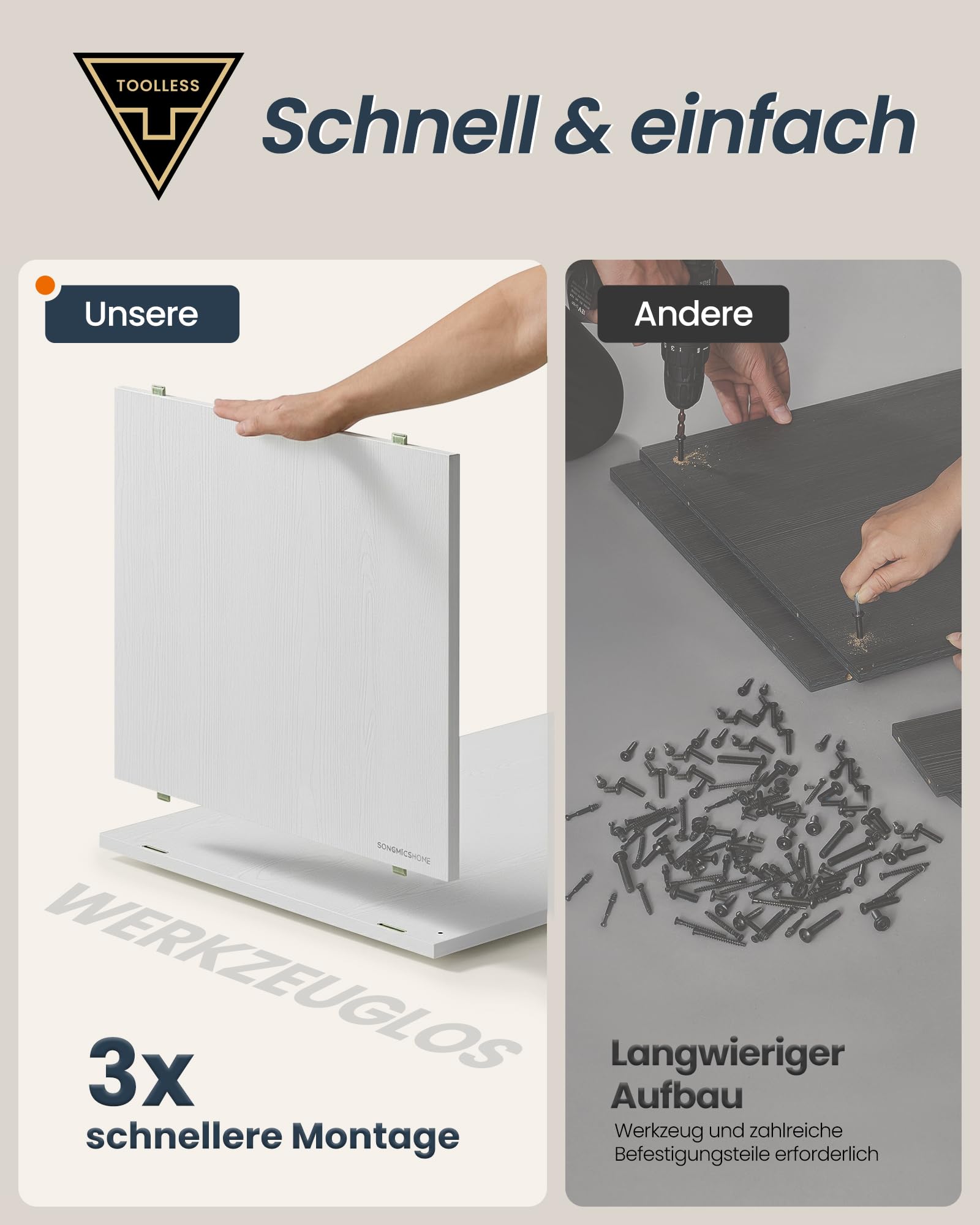 SONGMICS HOME Schminktisch, superschnelle werkzeuglose Montage, Toolless-Technologie, Kommode mit Regal, Schrank, nebeneinander oder L-förmig, für Schlafzimmer, Arbeitszimmer, schneeweiß LTS656W01
