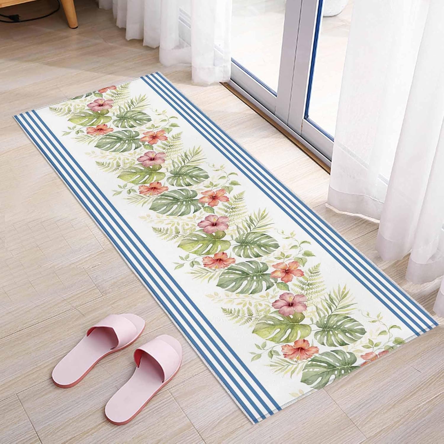 Kitchen Mats for Floor Watercolor Monstera Leaves Flower Washable Non Slip Kitchen Rugs 1PCS, Summer Plant Blue Stripes Absorbent Standing Mats for Sink Bathroom Office Living Room 15.7x47.2in