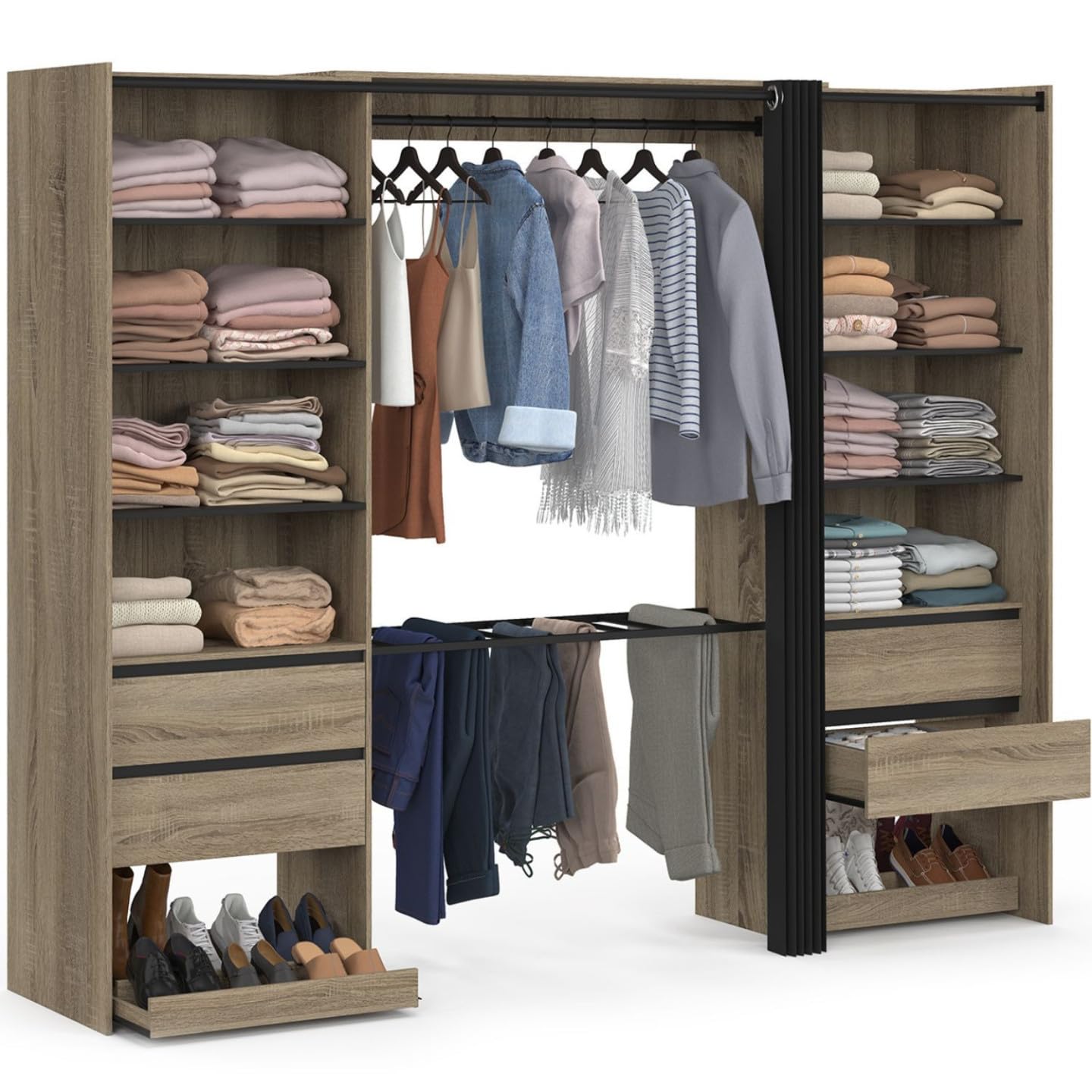 IDMarket - Dressing double XXL MERYL 220 cm avec porte pantalons + étagères + tiroirs + rangements à chaussures hêtre et noir