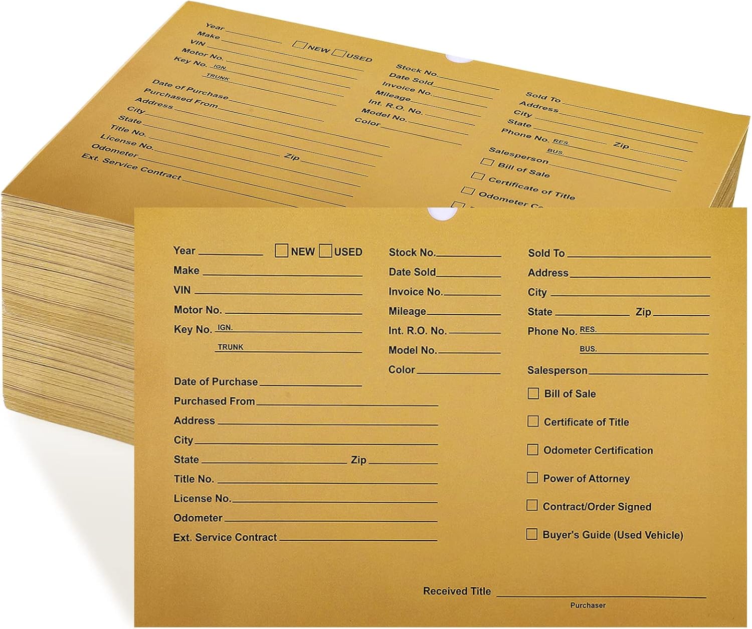 190 Pieces Vehicle Dealer Jackets 12 x 8 Inches Printed Vehicle Deal Envelopes File