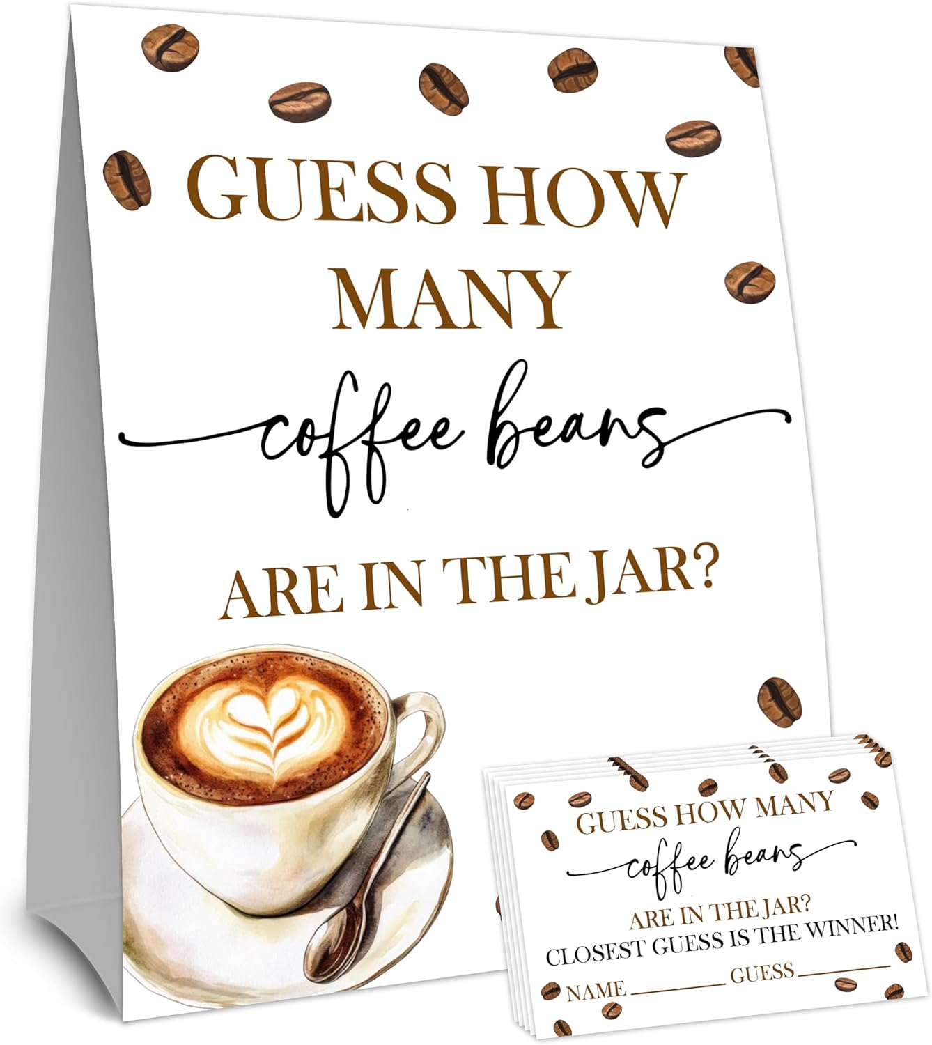 Guess How Many Coffee Beans Game - Coffee Themed Guessing Game, Theme Party Games for Weddings Baby Showers Birthdays & More (1 Sign & 50 Cards) -02