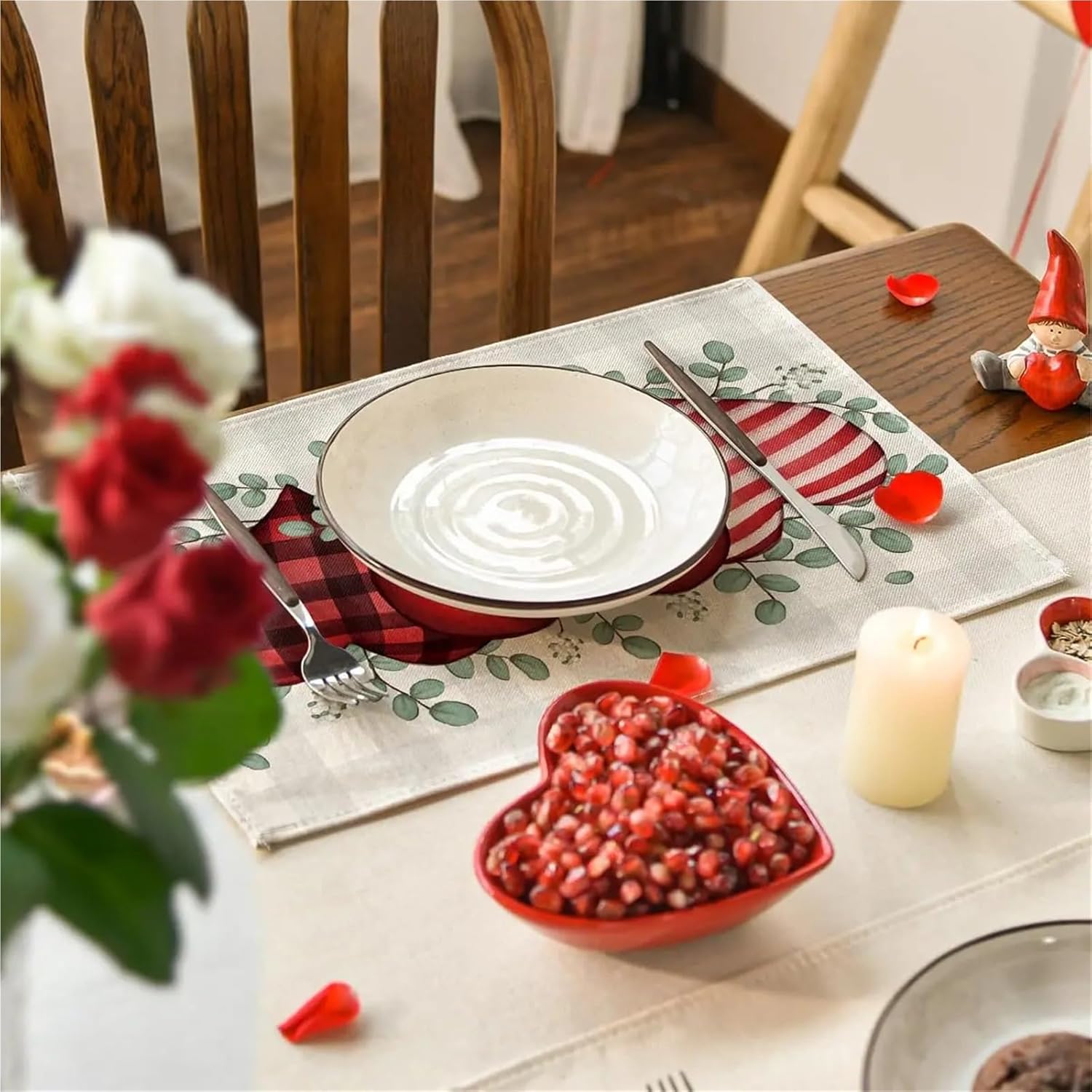 Buffalo Plaid Placemats Set,Eucalyptus Hearts,Valentine's Day Placemats,Wedding Holiday Table Mat,Kitchen Dining Decor,4 Pack(11)