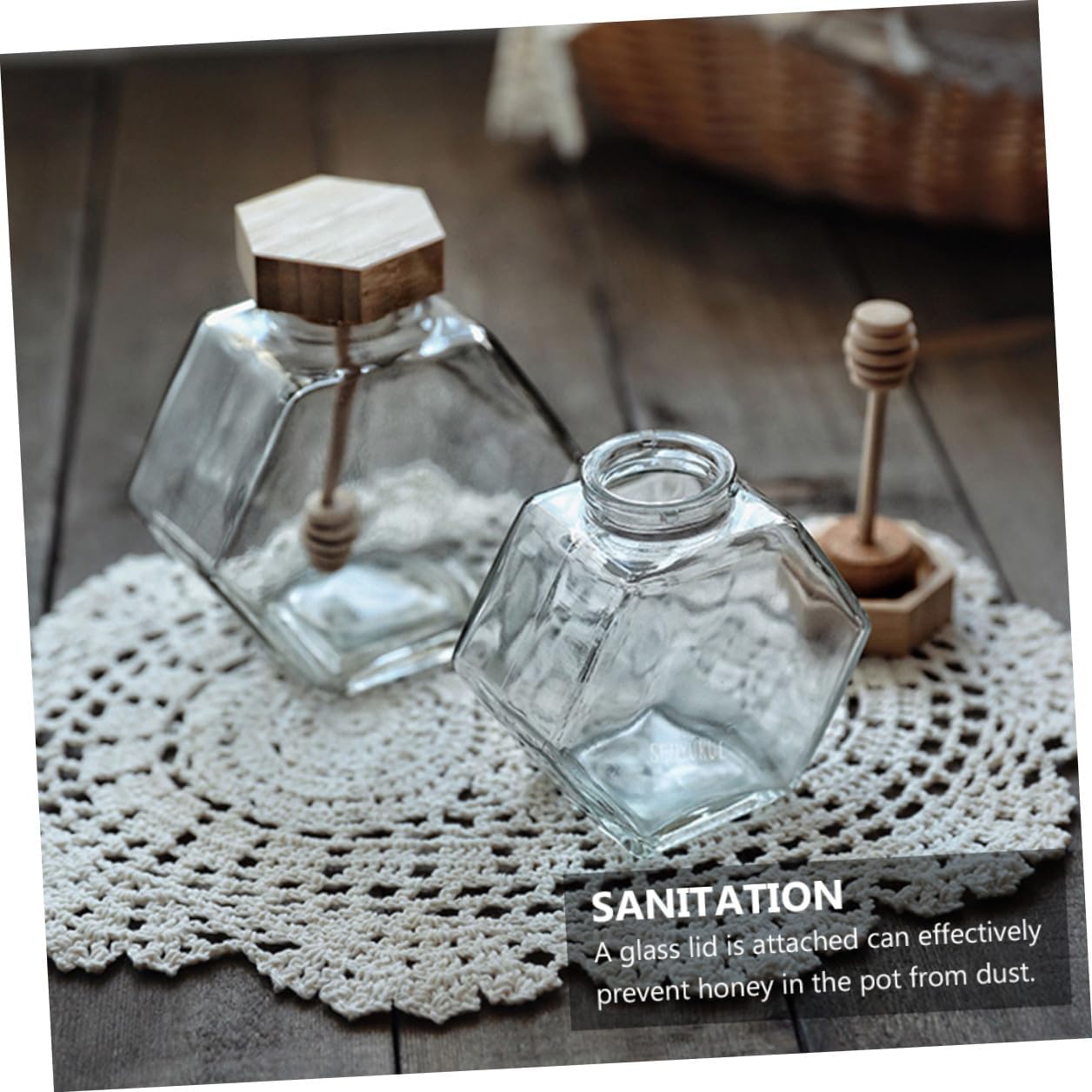 2Pcs Honey Jars and Wooden Lids Hexagonal Glass with 380ml Stirring Rods