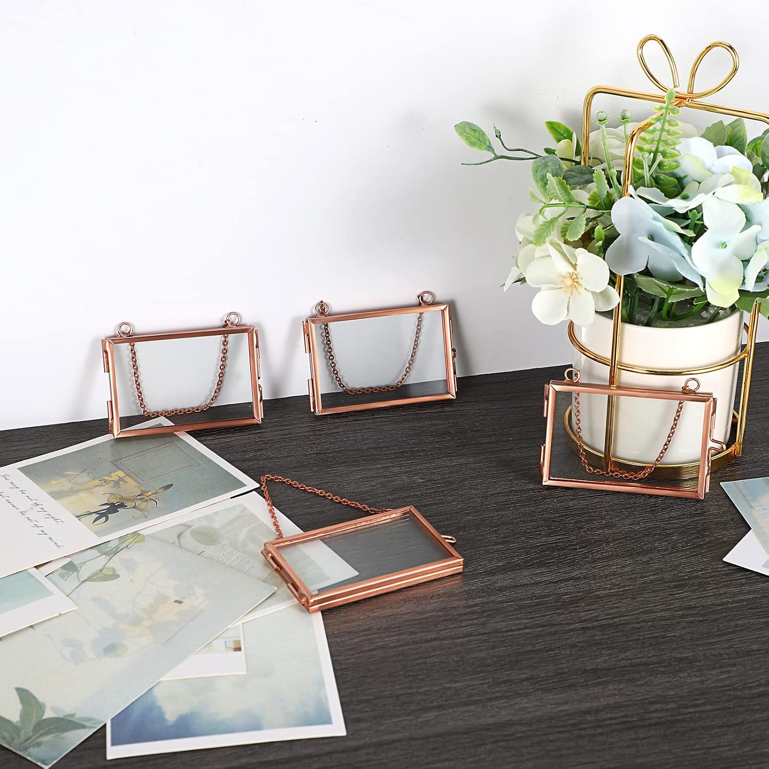 JUXYES Set of 4 Mini Brass Wall Hanging Photo Frame, Glass Hanging Picture Artwork Display Frames, Double Glass Floating Frame Style Gallery Wall Frame for Picture, Pressed Flower, Poster, etc