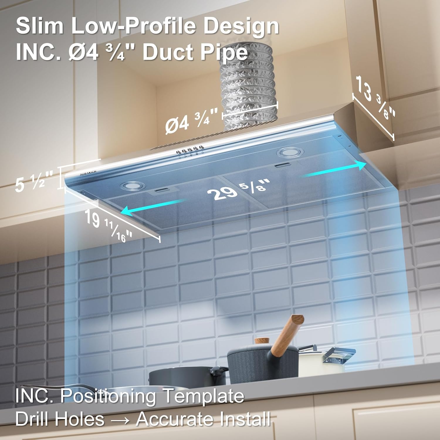 30 inch Under Cabinet Range Hood, 400 CFM Dual Motor Kitchen Vent, Dual Round LED Lights & 2 Charcoal Filters, Hardwired with Install Template, Stainless Steel, Ducted/Ductless