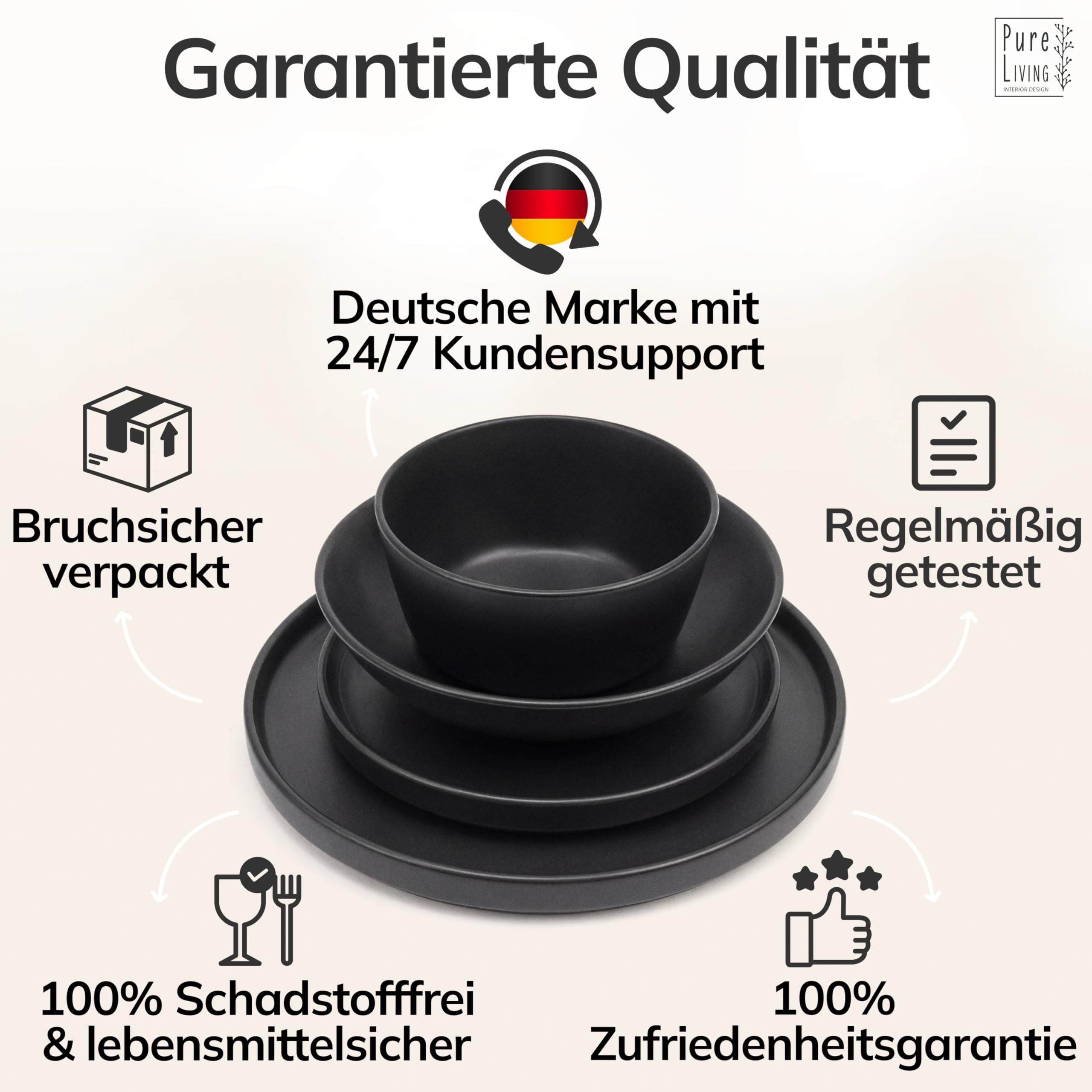 Steingut Geschirrset 6 Personen Manhattan 24-tlg. TESTSIEGER, Cooles Urbanes Steingut Geschirr Set, Schüssel- und Teller Set, Tafelservice 6 Personen, Geschirrsets Pure Living in matt Schwarz