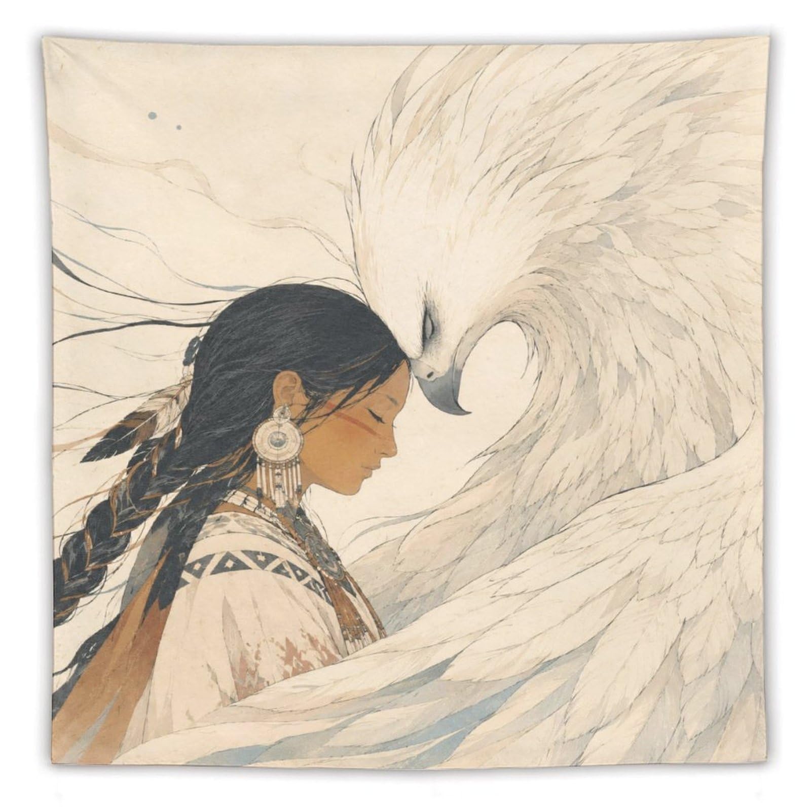 H3B8U2Y5 Native Woman with White Bird Wall Tapestry, Oil Painting Style