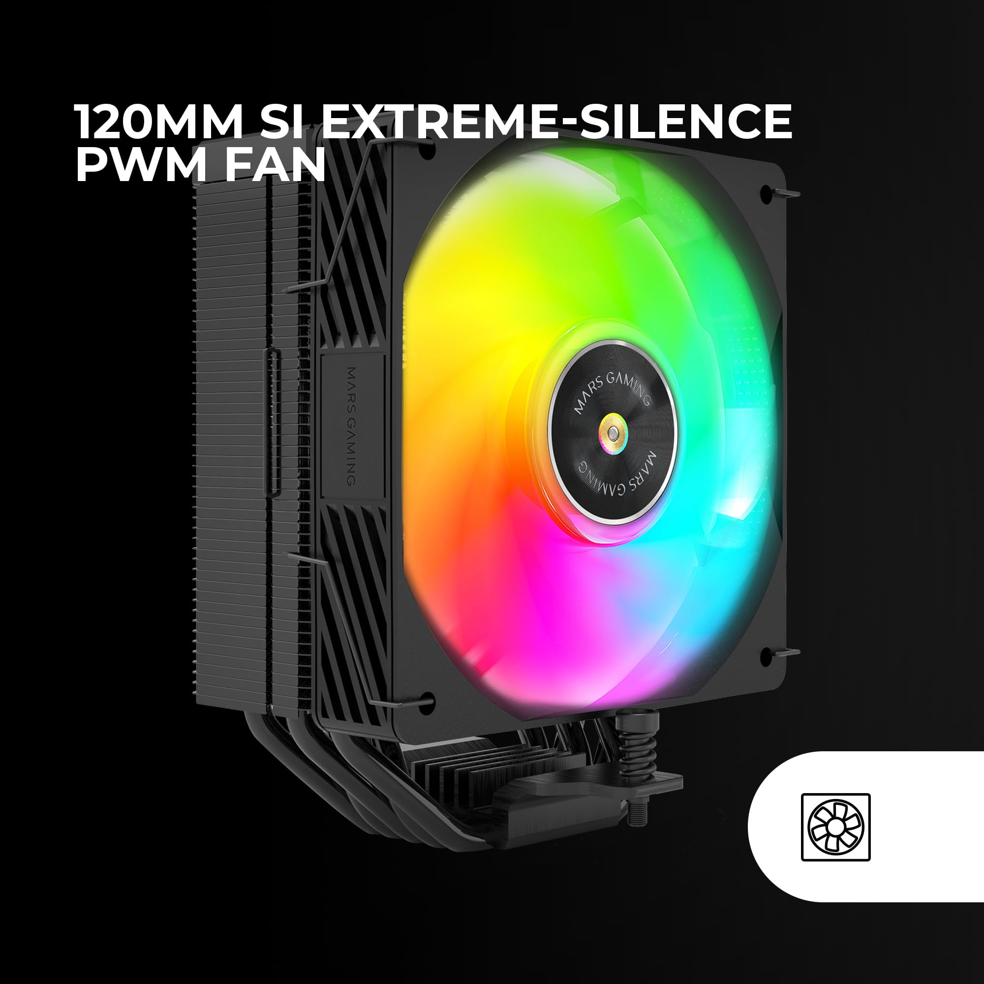 MARS GAMING MCPU-X5ARGB, Disipador CPU 280W TDP, 5x Heatpipes HCT Nueva Generación, Ventilador PWM SI Extreme-Silent ARGB 120mm, Núcleo de Cobre Hiperbalanceado, Compatibilidad Universal, Negro - 5