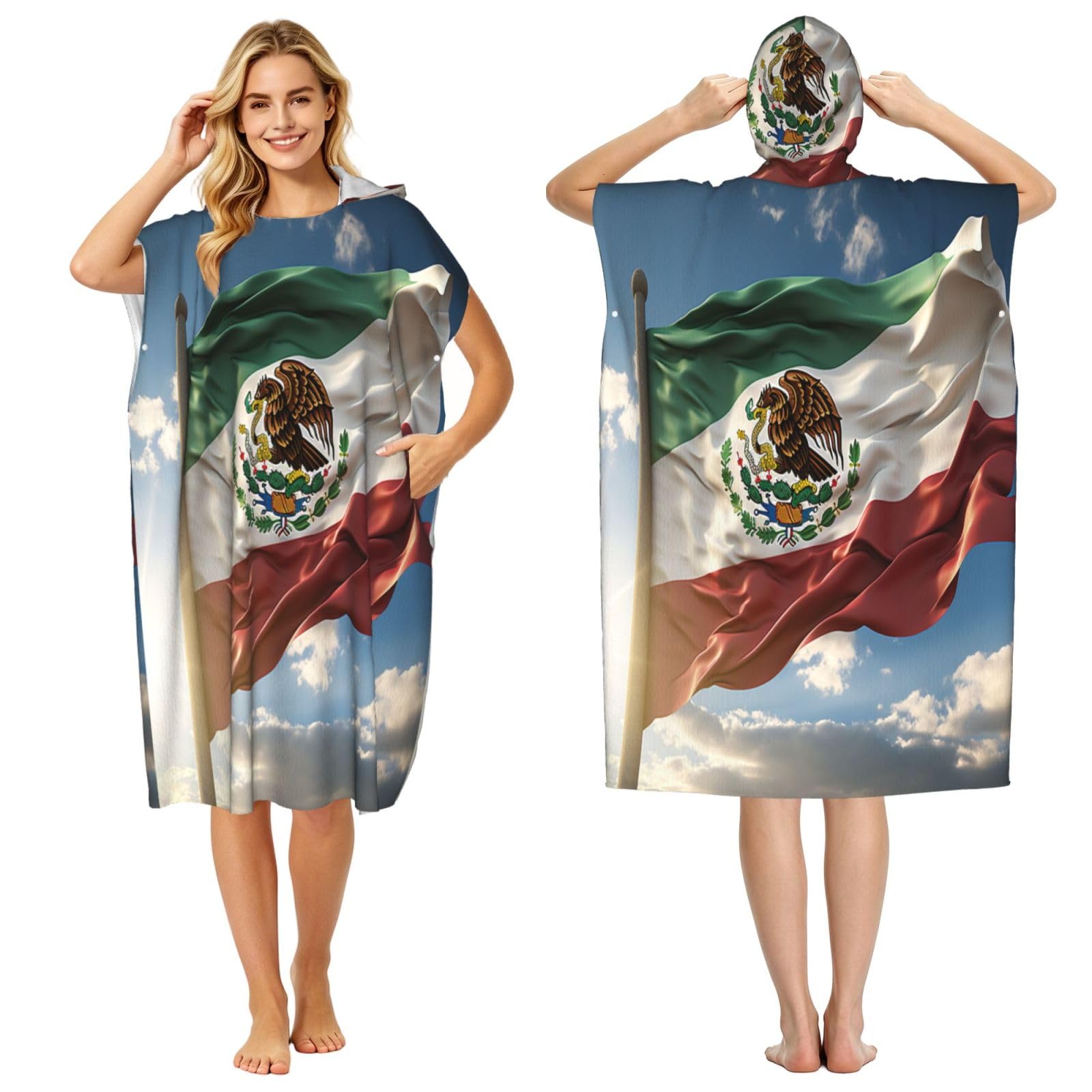 KLGRTJHK Mexican Flag Adult Hooded Beach Poncho Towel 43"X35"