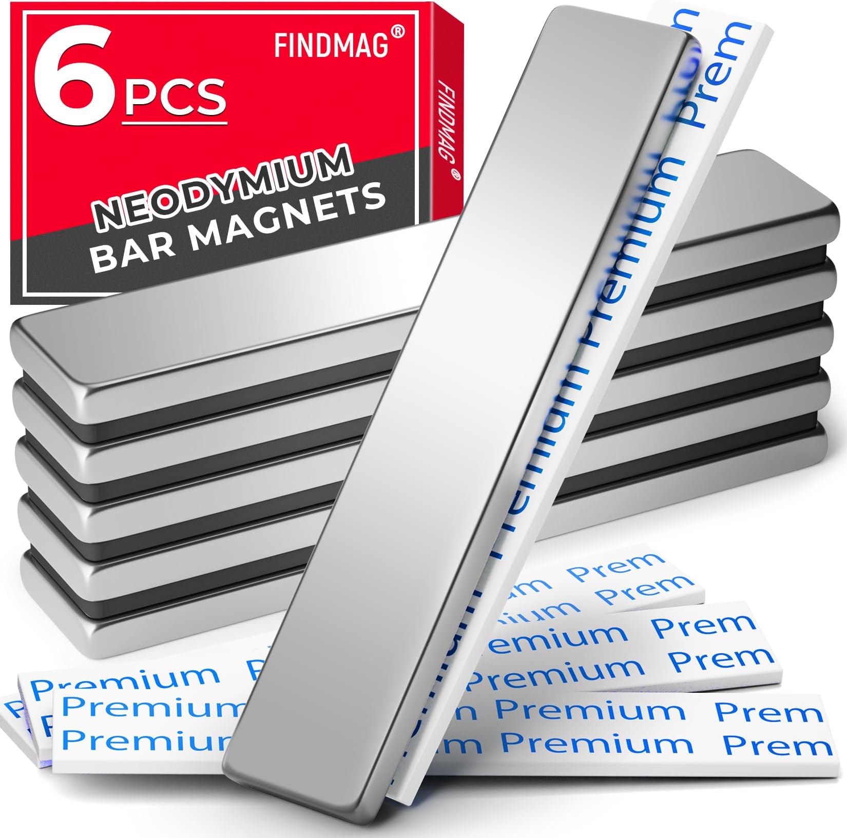FINDMAG 6 Pack Powerful Neodymium Bar Magnets, Strong Rare Earth Magnets with Double Sided Adhesive - 60 x 10 x 3 mm