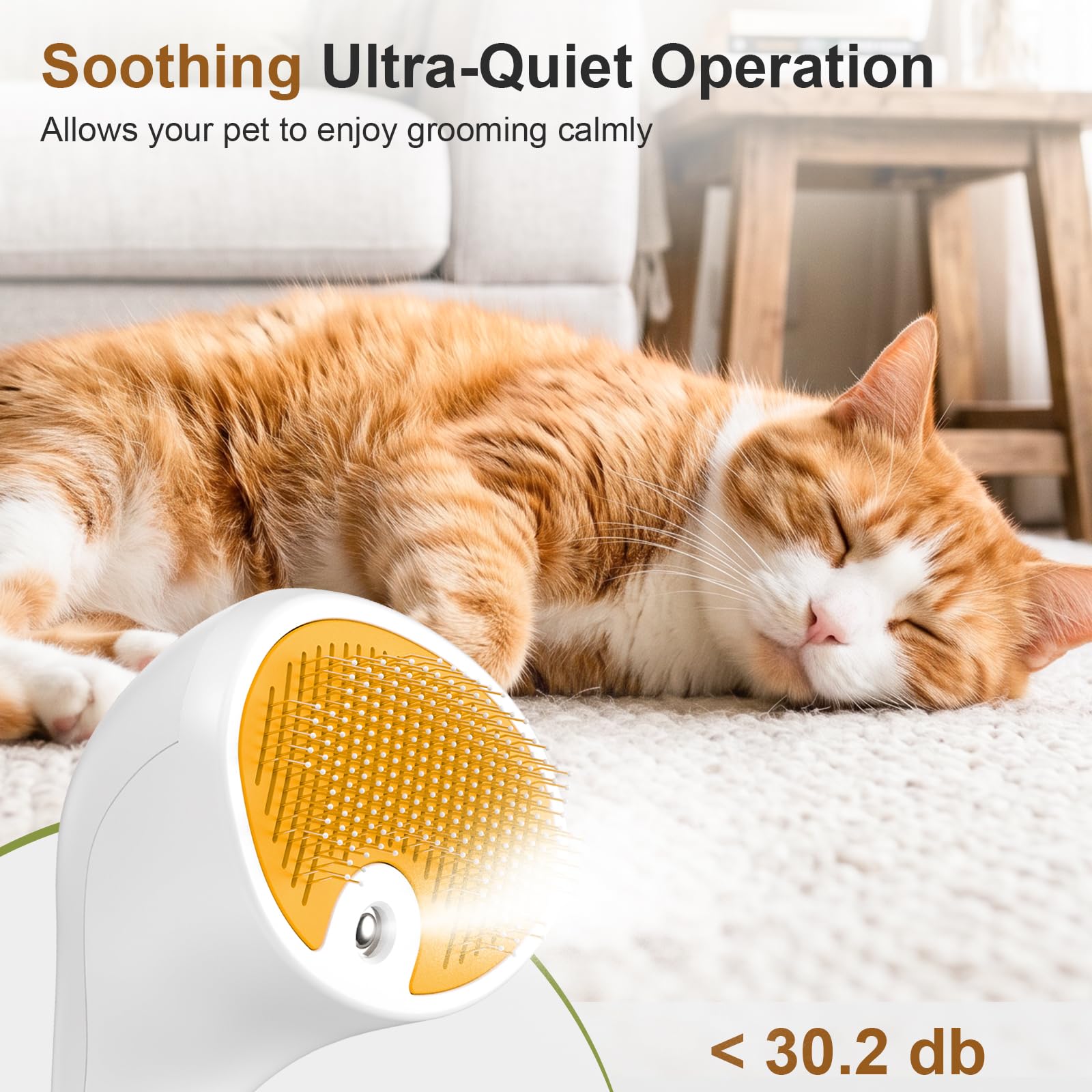 Euqvunn Brosse Vapeur pour Chat avec Bouton de Déverrouillage, [Design Ultra-Silencieux/Poignée Confortable] Brosse Chat Vapeur Brosse Chien Vapeur Rechargeable pour Chats, Chiens, Lapins(Jaune)