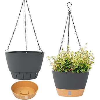 QCQHDU Pack of 2 20 cm Hanging Baskets for Indoor and Outdoor Use Hanging Pot with Drainage Hole for Plants 3-Hook Flower Pots for Hanging Hanging Plants Pot for Garden and Home Grey
