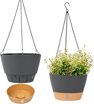 QCQHDU 2 Pack Hanging Planters Set, 20cm Indoor Outdoor Hanging Plant Pot Basket,Hanging Flower Pot with Drainage Hole with 3 Hooks for Garden HomeGrey
