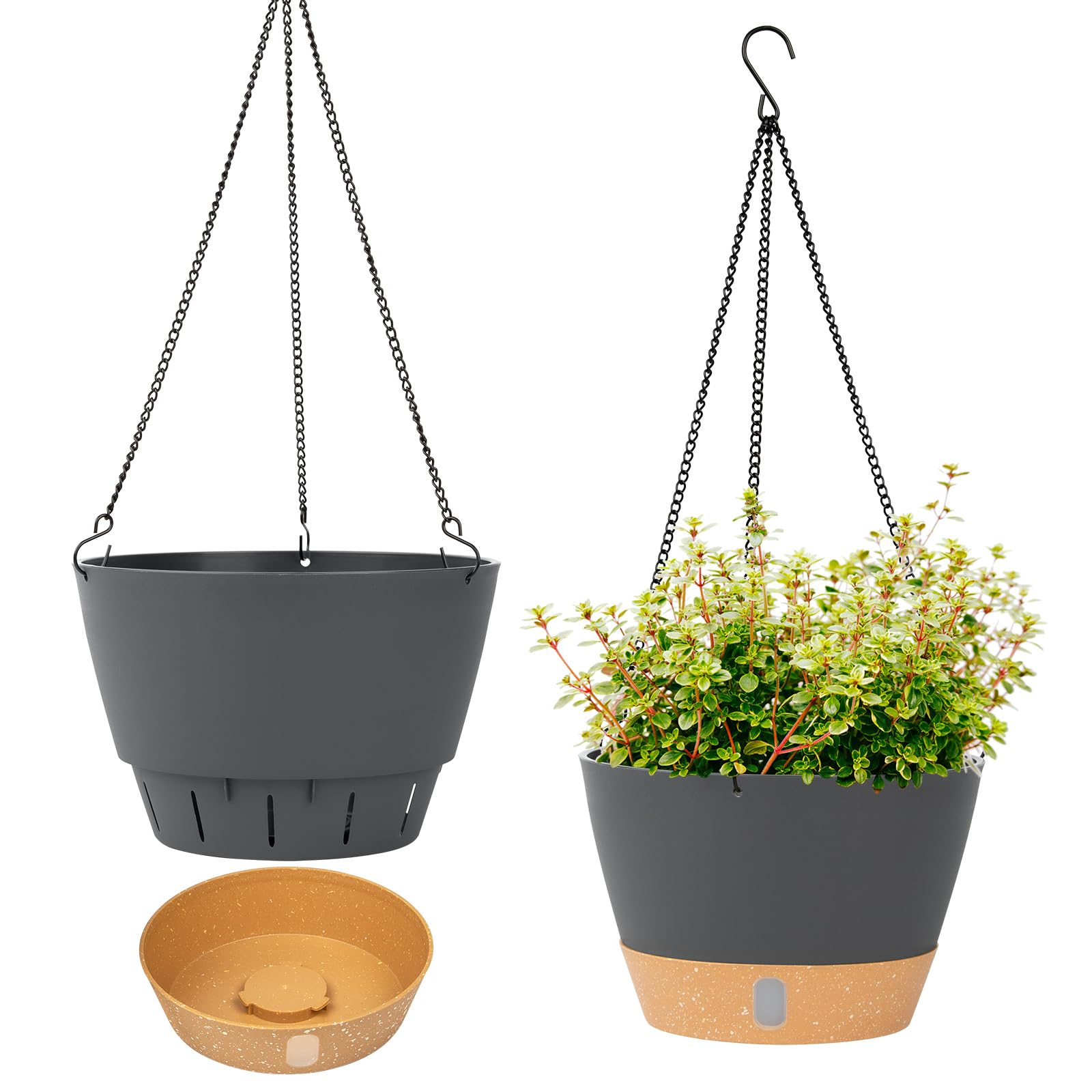 QCQHDU 2 Pack 8 Inch Hanging Planters for Indoor Outdoor Plants, Hanging Baskets Flower Pots with Reservoir Tray & Visible Water-Level