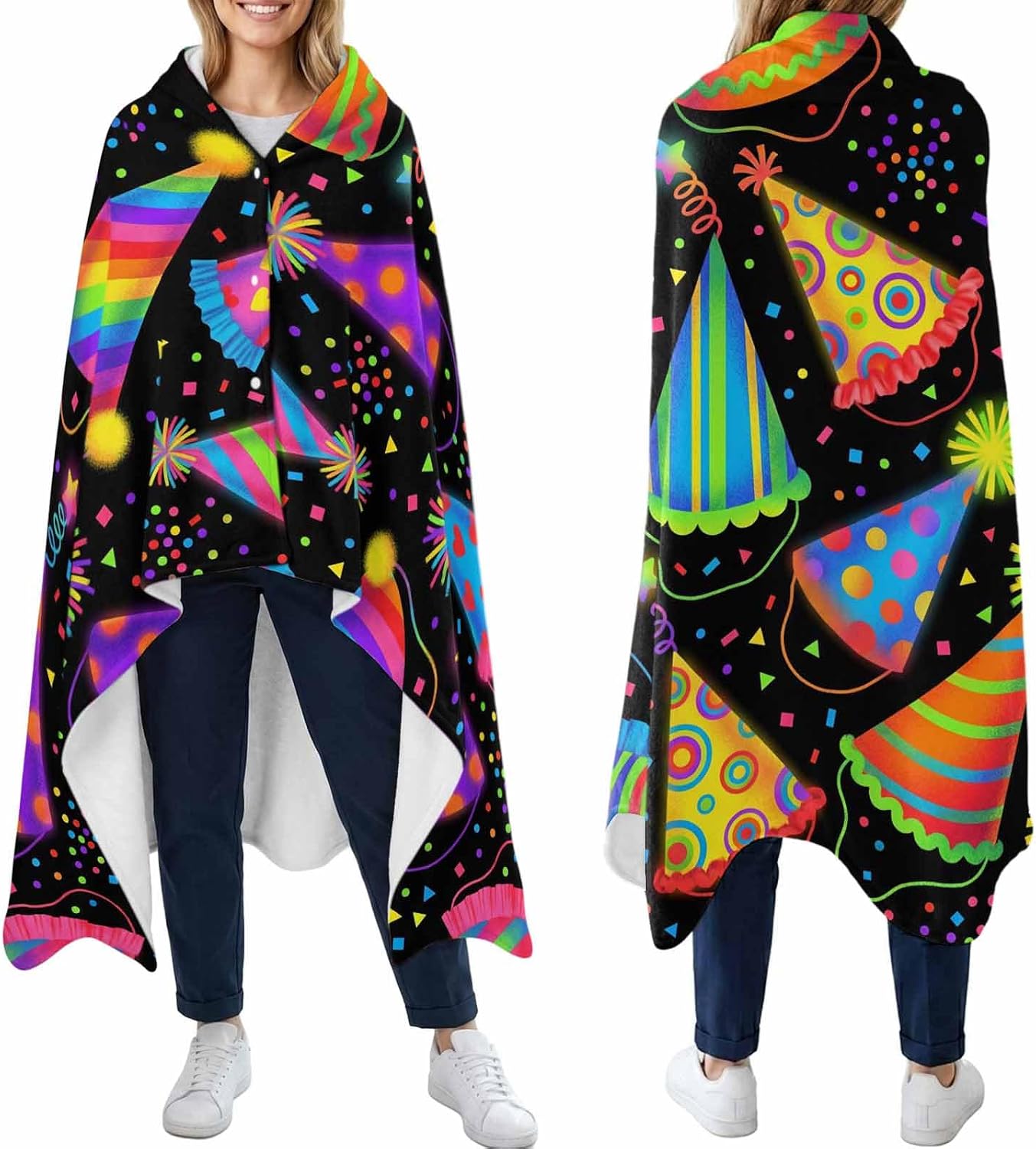 Wearable Blankets for Women and Men, Happy Birthday Shawl Blanket, Funny Colorful Party Hats Colorful Ribbon