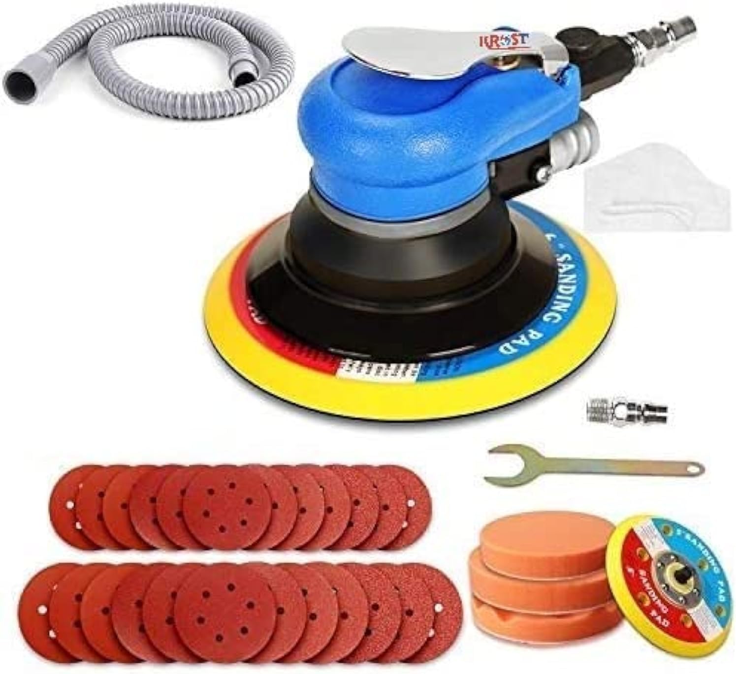 Random Orbital Sander 5" & 6" Pneumatic Palm Sander,Car Polisher with Extra 5" Backing Plate, Sponge Polishing Pads, Sandpapers Low Vibration and Heavy Duty for Wood, Composites, Metal