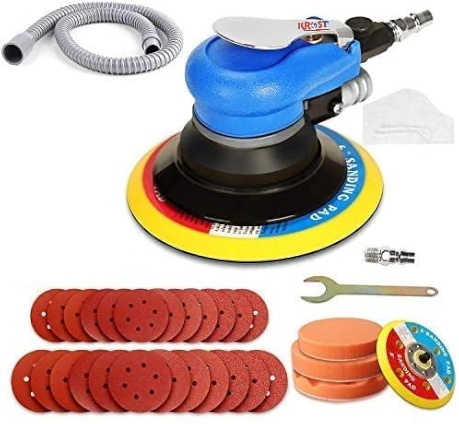 KROST Random Orbital Sander 5" & 6" Pneumatic Palm Sander,Car Polisher with Extra 5" Backing Plate, Sponge Polishing Pads, Sandpapers Low Vibration and Heavy Duty for Wood, Composites, Metal