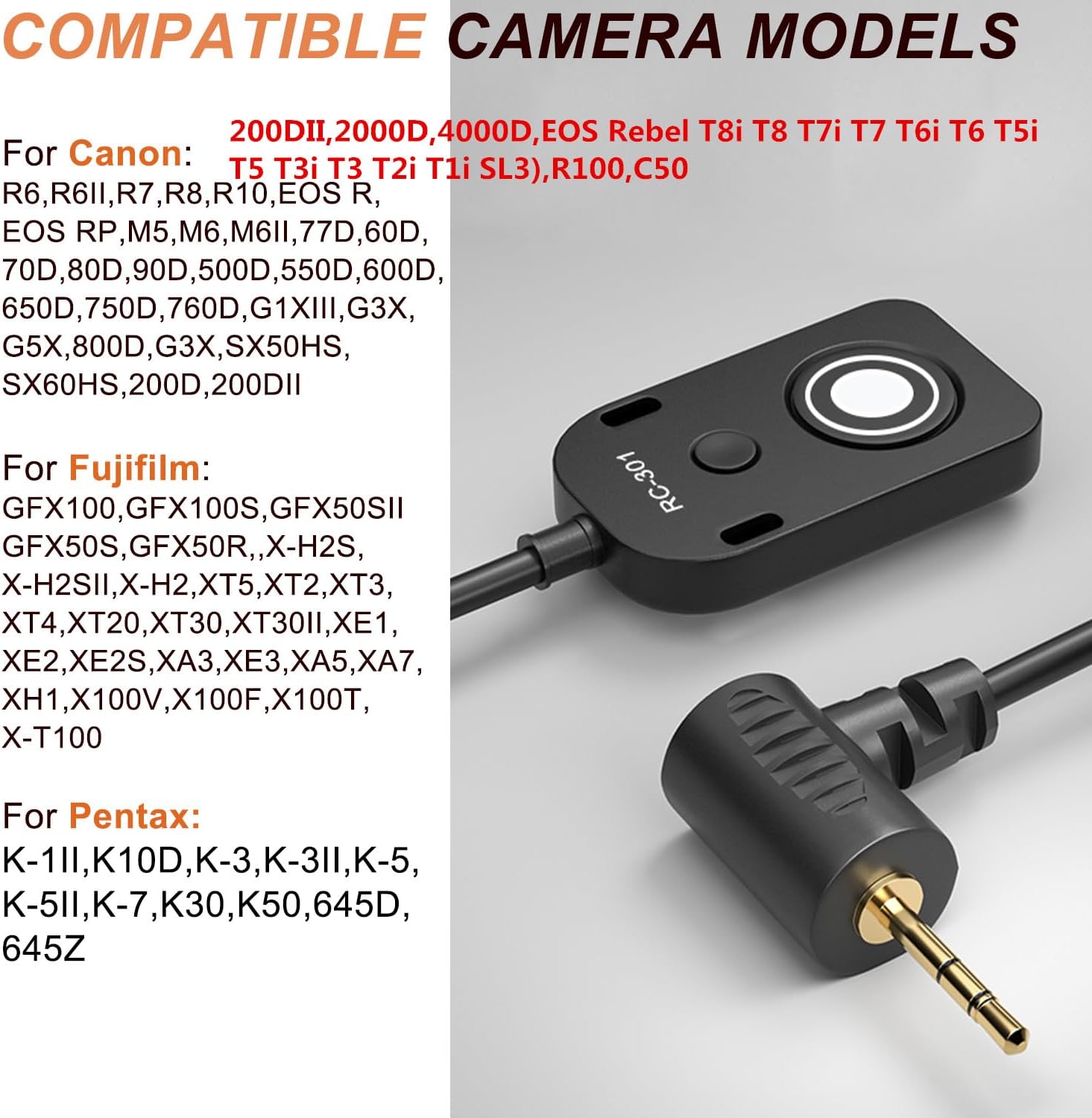 Image showing compatible camera models for RC301