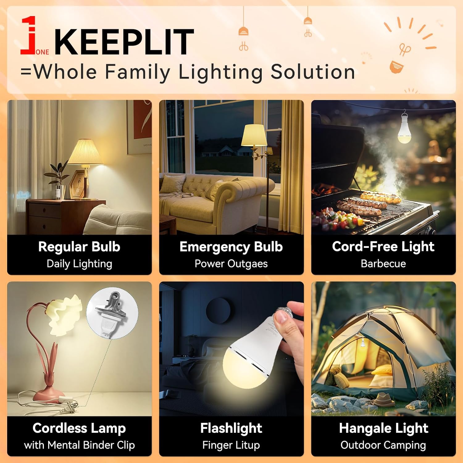 BoRccdit KeepLit 8PK Emergency Rechargeable Light Bulbs, 48H Battery Backup, 3 Brightness Levels, 12W 65W Equivalent A19 LED Bulb Auto-On During Power Outage for Hurricane, Emergency Use (Soft White)