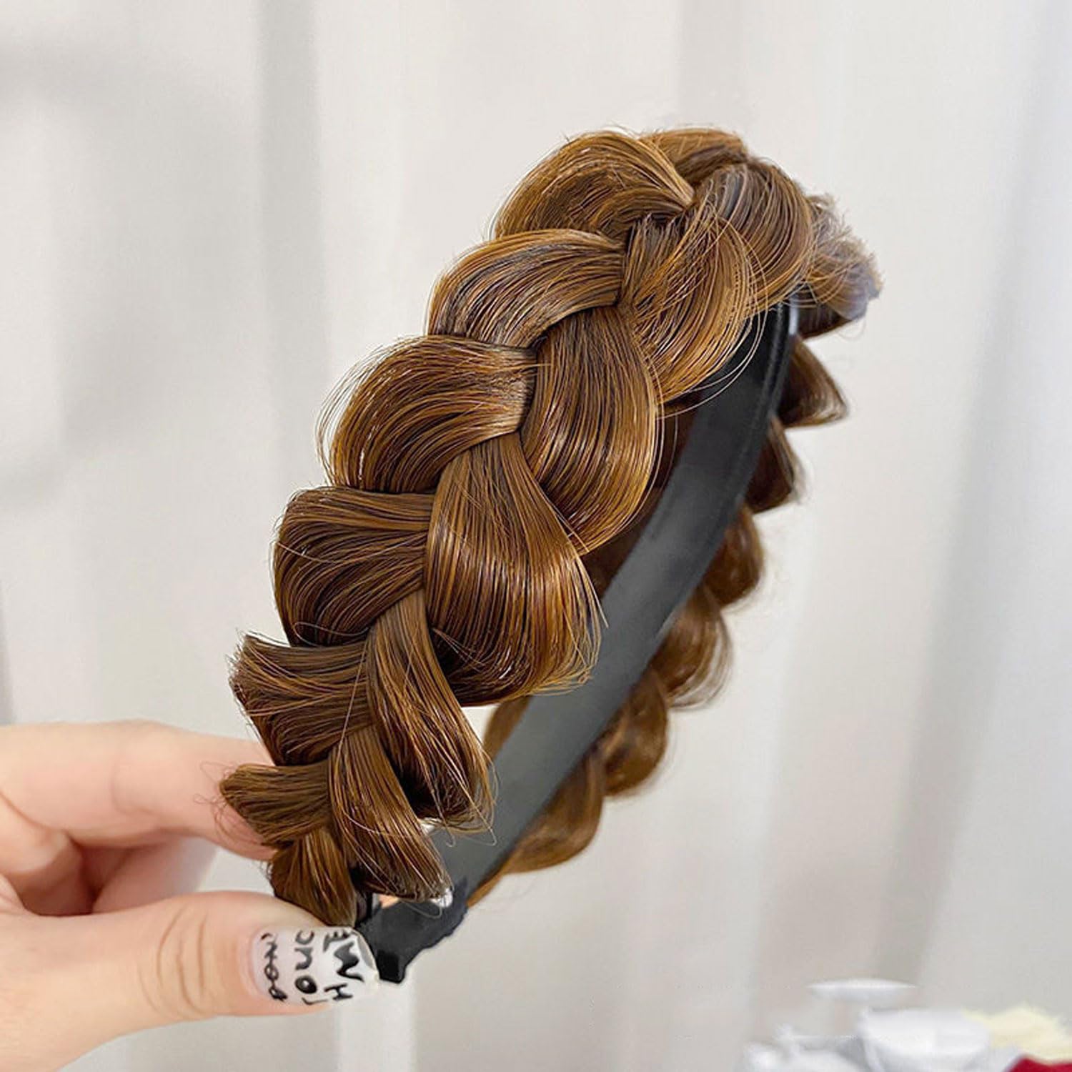 Wide Messy Braided Headband With Teeth Synthetic Hair Plaited Headband High Elasticity Braids Fishtail Braided Hair Band Hairpiece for Girls Women (Single strand light brown)