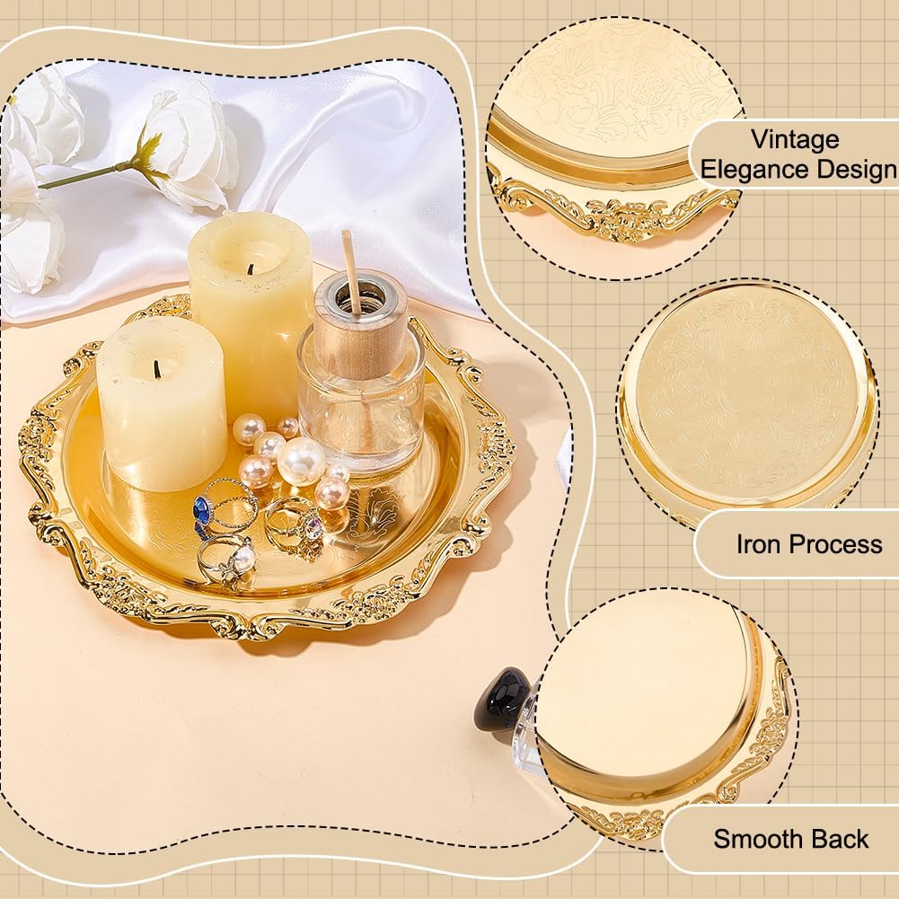 OLYCRAFT 6 Pack Gold Serving Platter Tray for Jewelry 8 Inch Jewelry Display Plate Vintage Metal Vanity Tray Round Dish Trays for Bathroom Vanity Jewellry Perfumes Cosmetics Candles Key Organize image 4