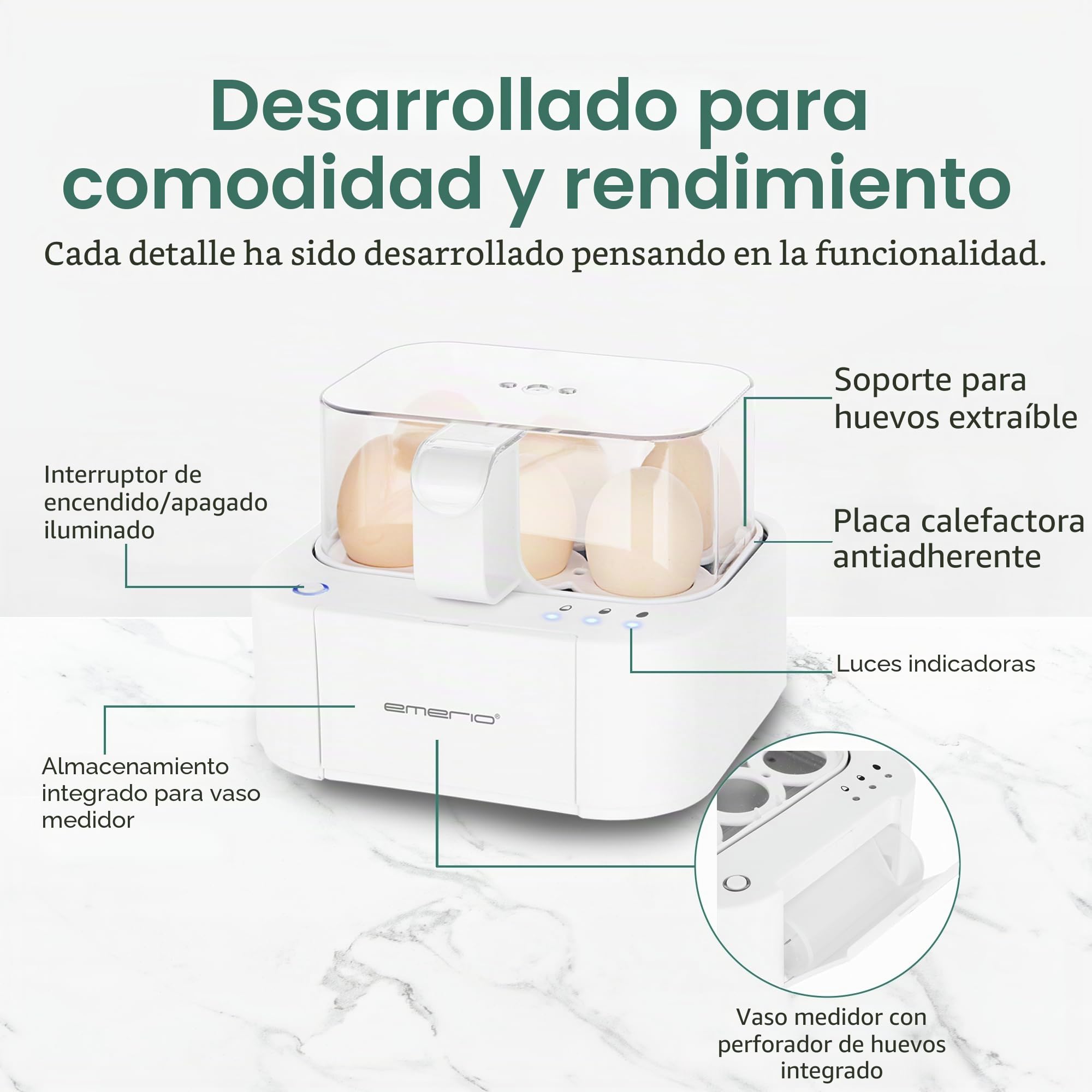 Emerio El mejor hervidor de huevos EB-115560 cocina los tres niveles de cocción [suave|medio|duro] en un solo proceso de cocción con un resultado perfecto y salida de voz, único en tecnología y