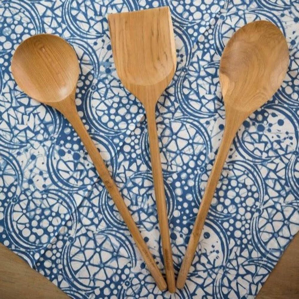 Kasih Co-op Set of 3 Cooking Kitchen Utensils Teak Wood 14 inches (Two spoons and one spatulas)