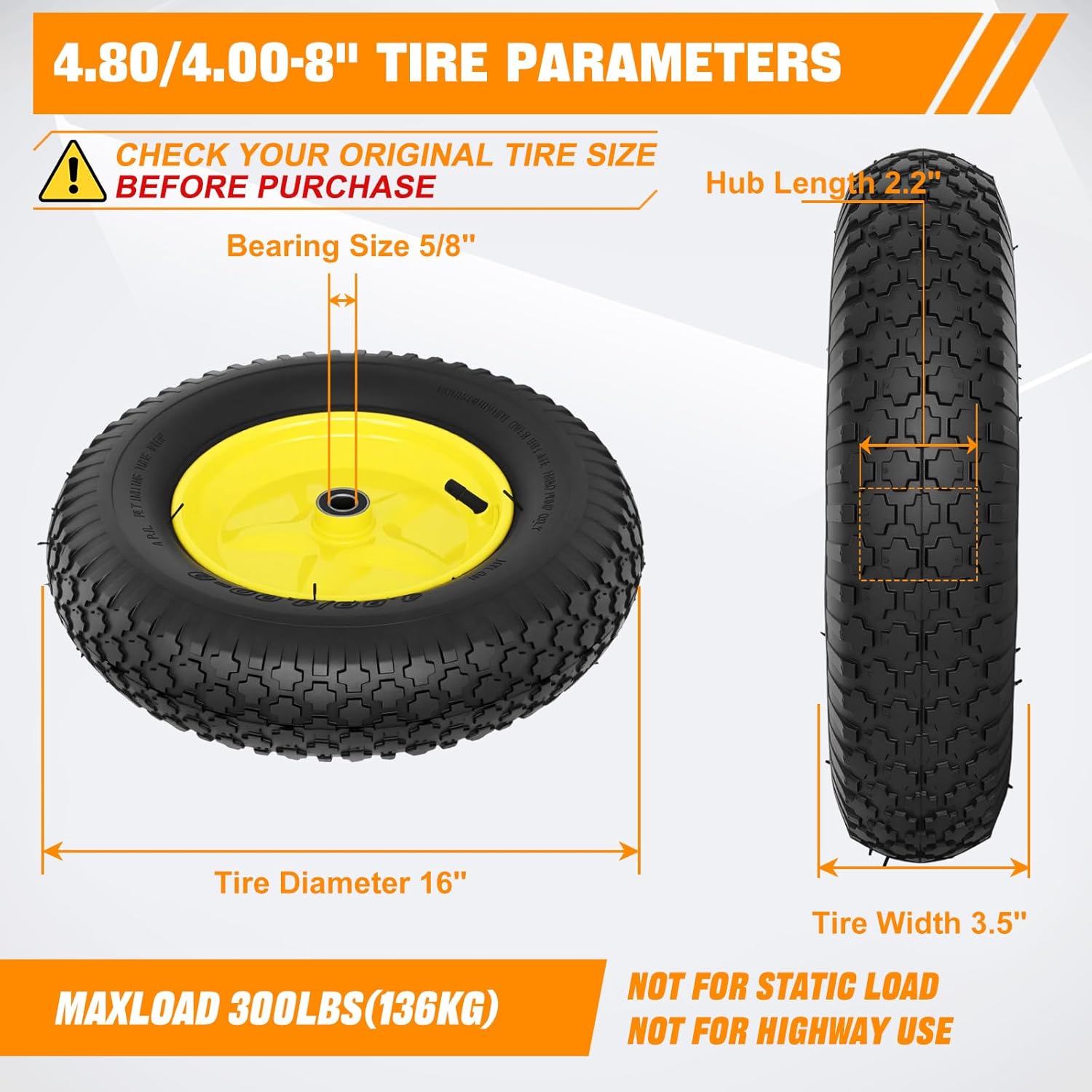 Yesker 4.80/4.00-8" Tires and Wheels Pneumatic, 16" Inflated Air Replacement Tire Wheel with 5/8" Axle Bore for Wheelbarrow, Gorilla Cart, Trolley, Garden Scooter Cart, 2 Pack