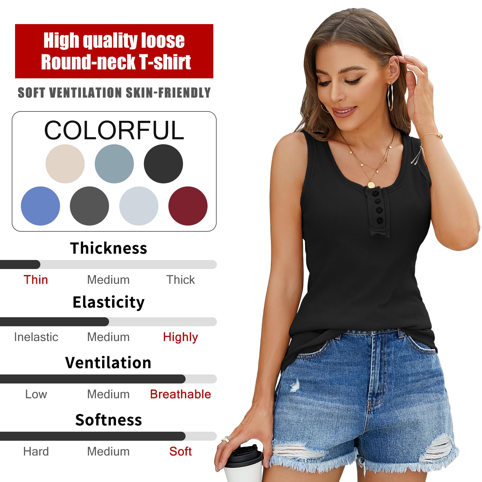Letnia elegancka bawełniana koszulka z dekoltem w kształcie litery U, w jednolitym kolorze, seksowny top w stylu casual, bez rękawów, luźny krój