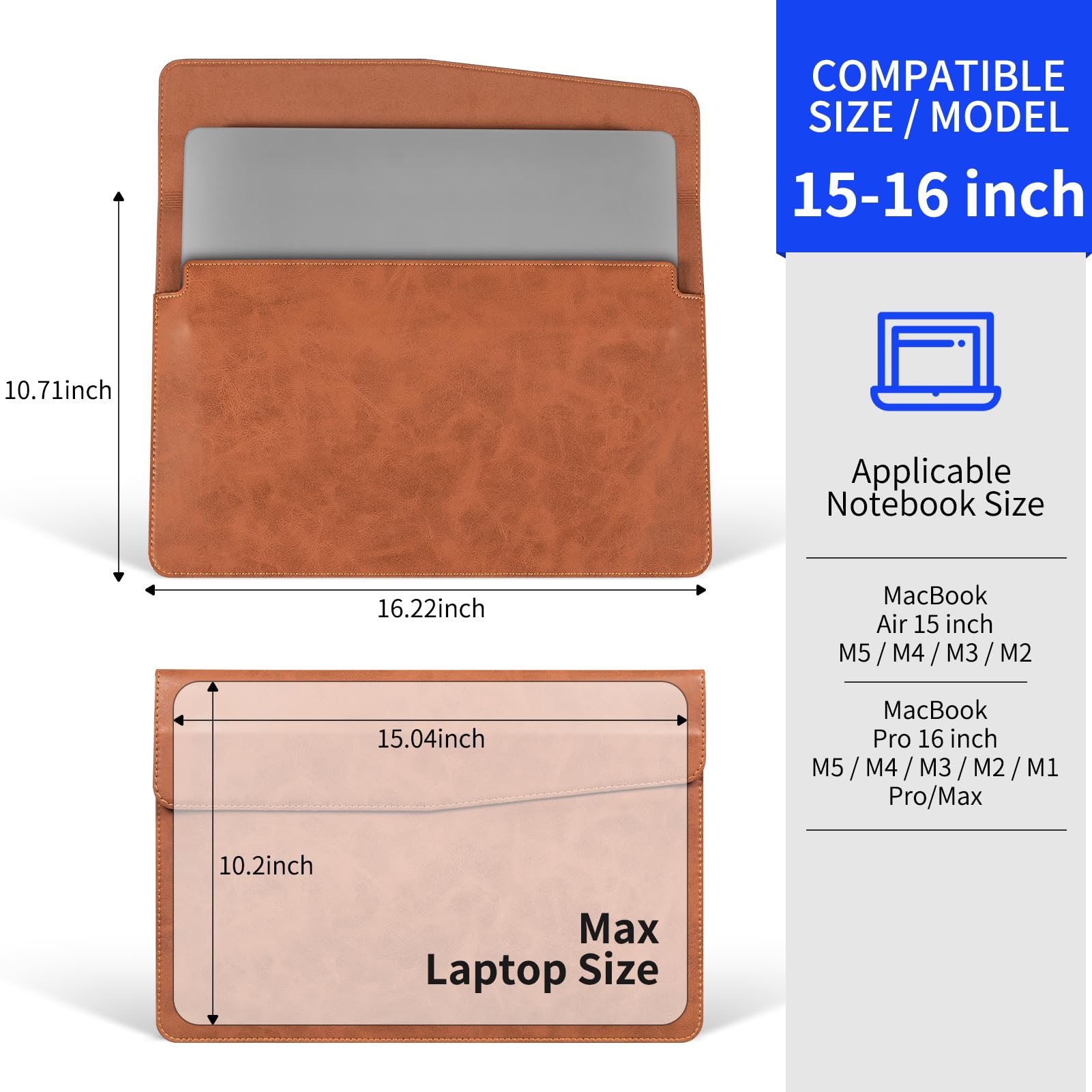 Funda de piel para laptop de 16 pulgadas compatible con MacBook Pro de 16 pulgadas M5 M4 M3 M2 M1 Pro/Max y MacBook Air de 15 pulgadas M5 M4 M3 M2, funda protectora de piel auténtica, marrón