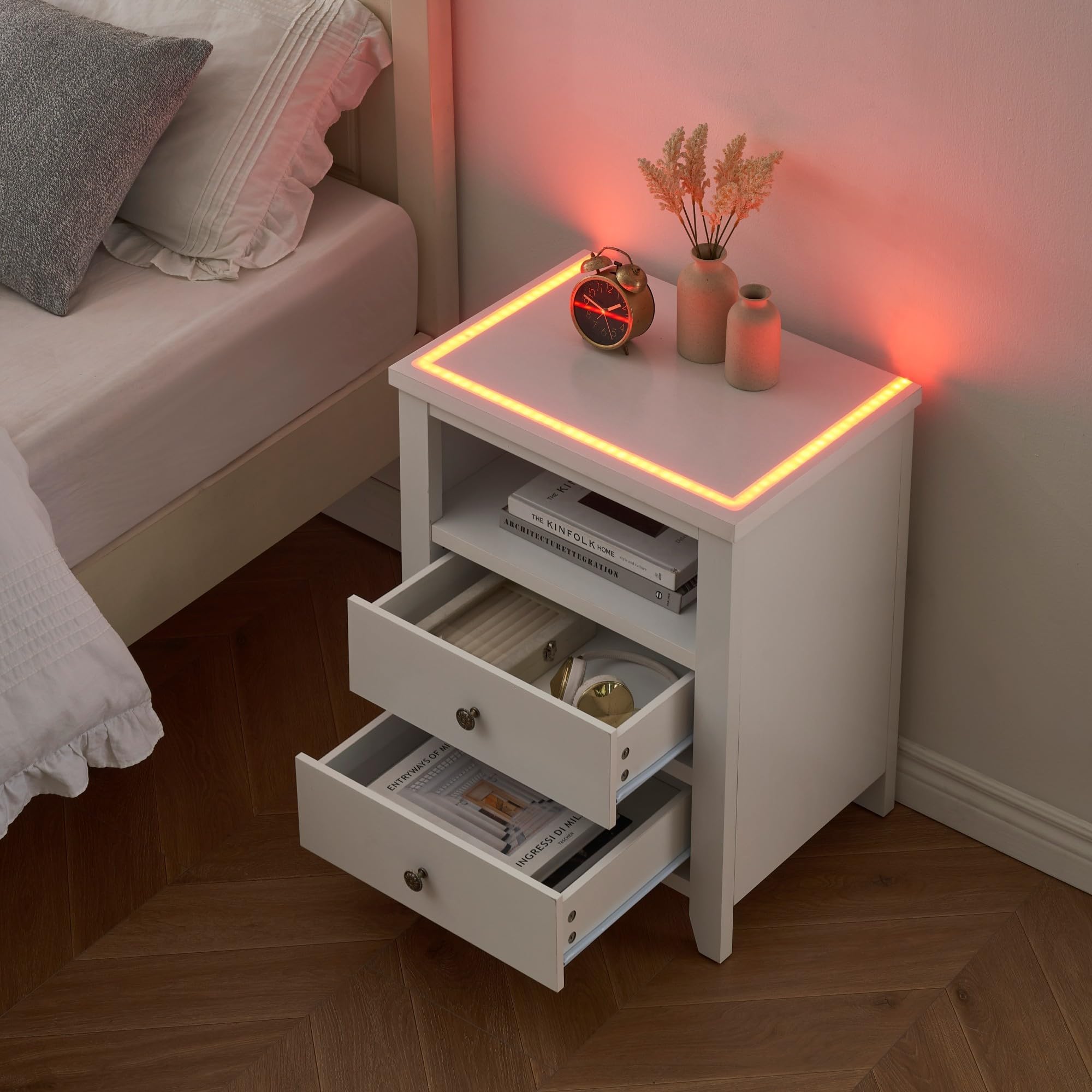 IDEALHOUSE 2024 New Nightstand with 2 Drawers - Modern End Tables with LED Light, Side Bed Table with Ample Storage for Bedroom and Living Room - Stylish White Small Night Stand