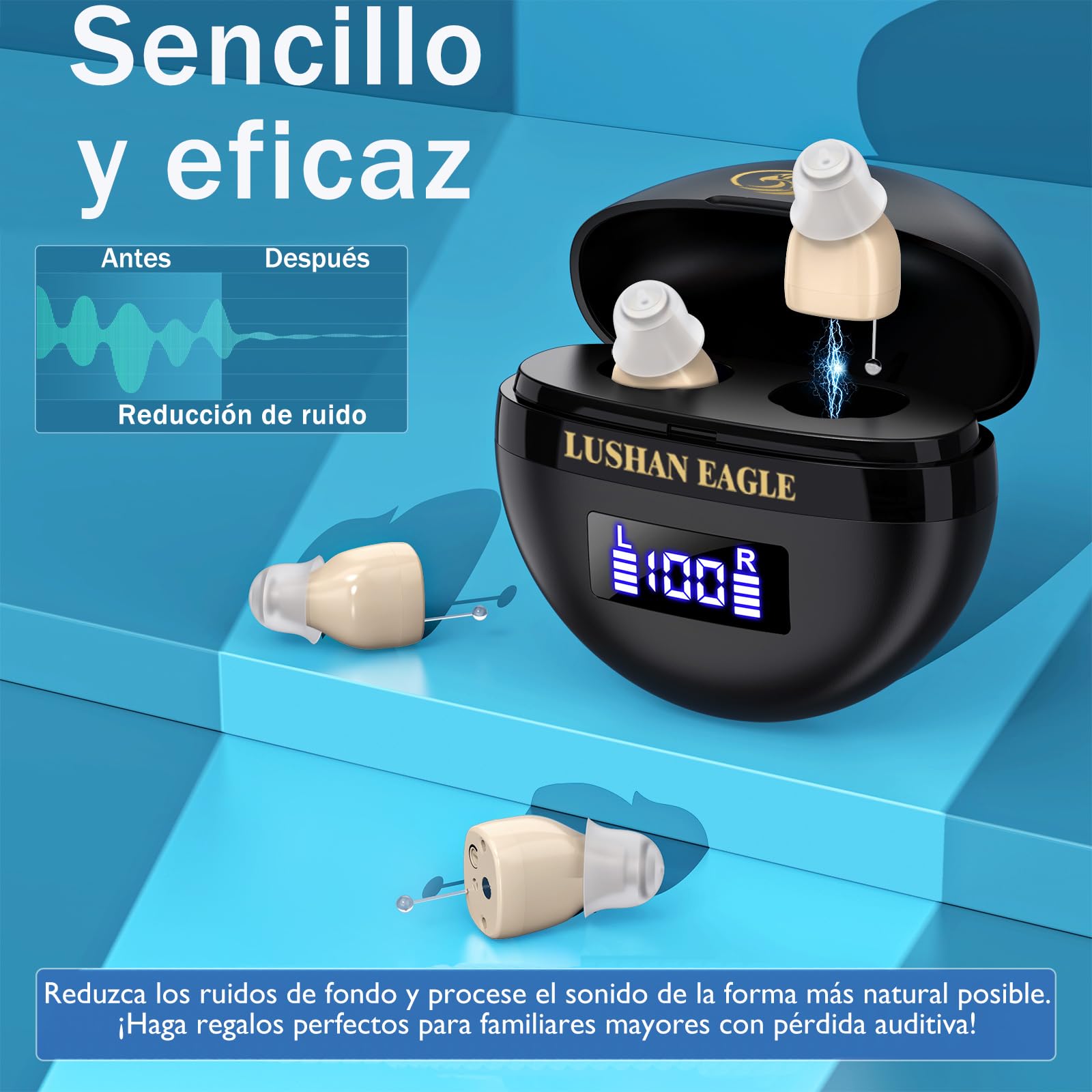Auriculares amplificados amplificador de sonido recargable mini portátil (Negro)