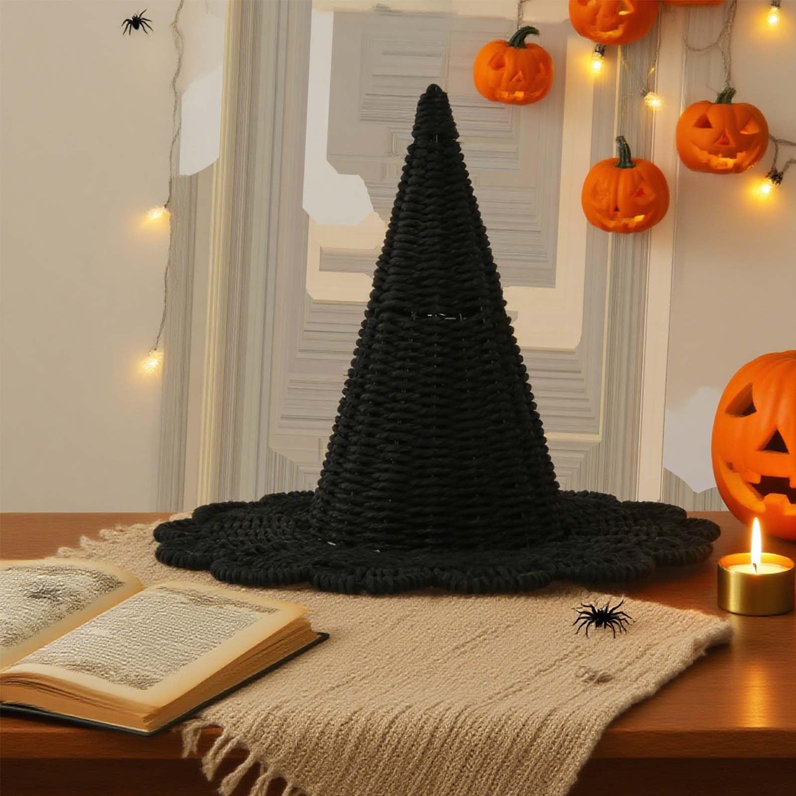 Cappello da strega di Halloween fatto a mano, ornamento decorativo da tavolo lavorato a maglia nera per feste in casa, carino Halloween