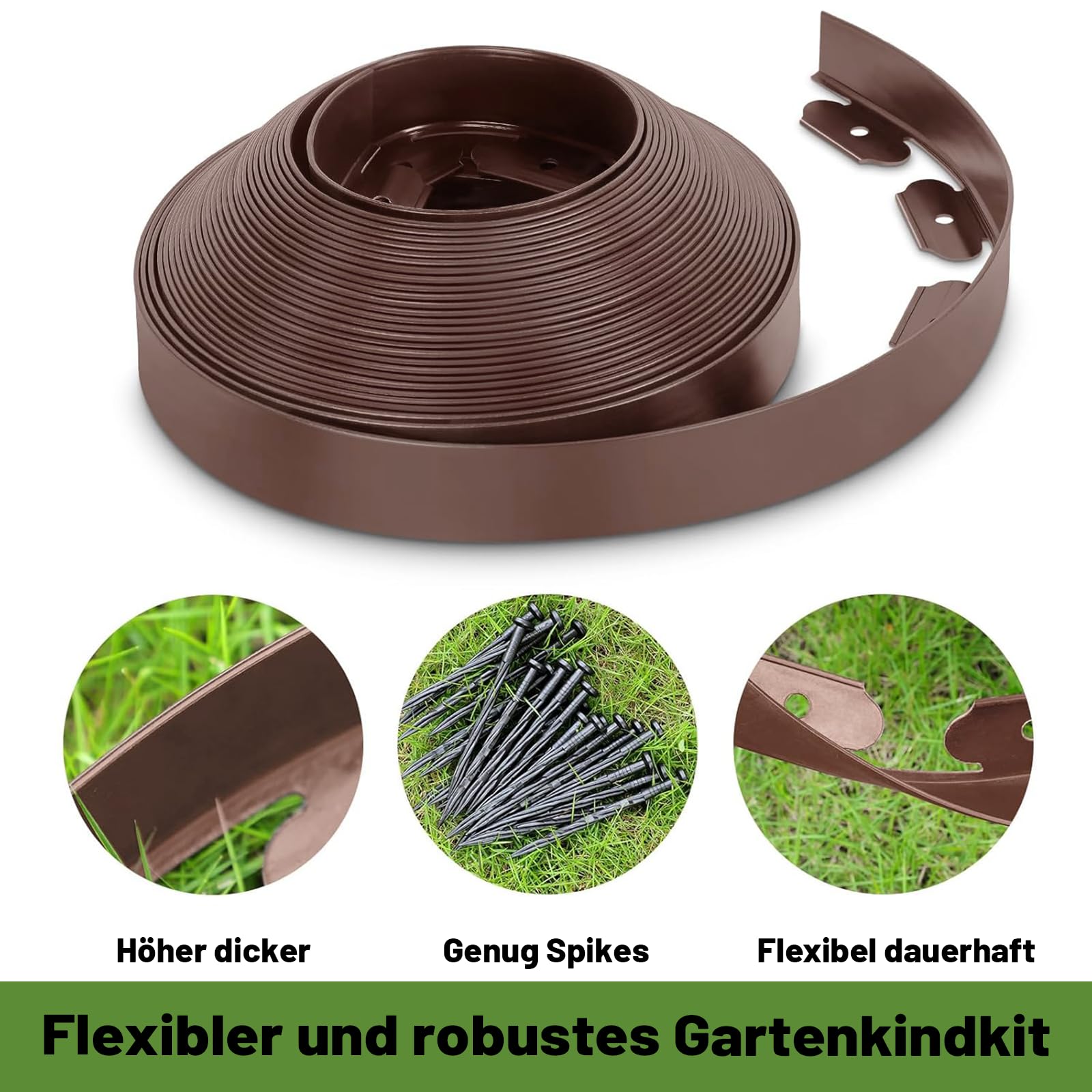 Borde flexible para césped de plástico, con 50 anclajes de tierra, borde de bancales de plástico, longitud 10 m, altura 5 cm (10 m x 5 cm, marrón)
