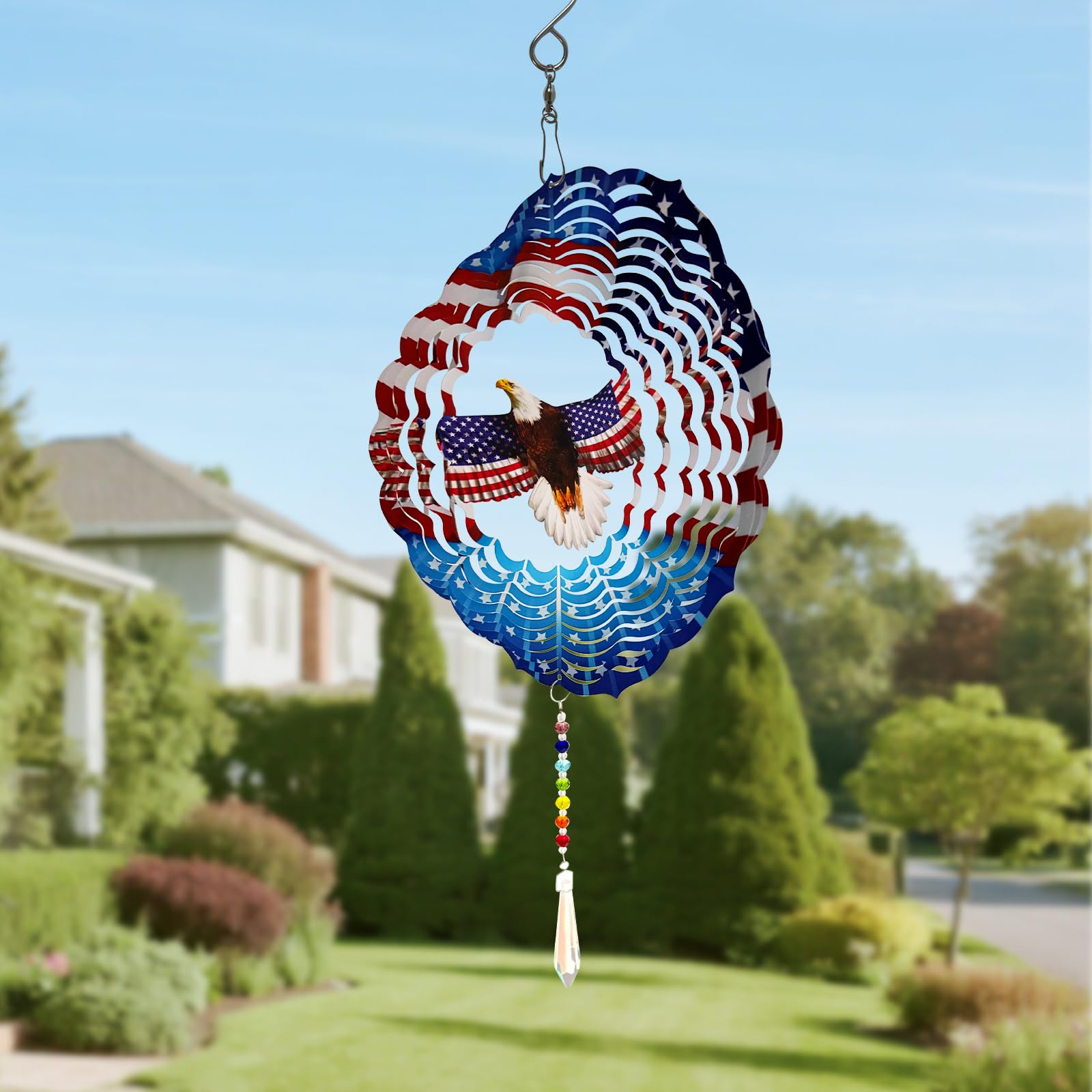 American Eagle Wind Spinner Crystal Tail, Marzovitra 10 inch 3D Stainless Steel Hanging Wind Spinner Metal Wind Catchers Kinetic Sculpture for Indoor,Outdoor Garden Decor,Yard Art