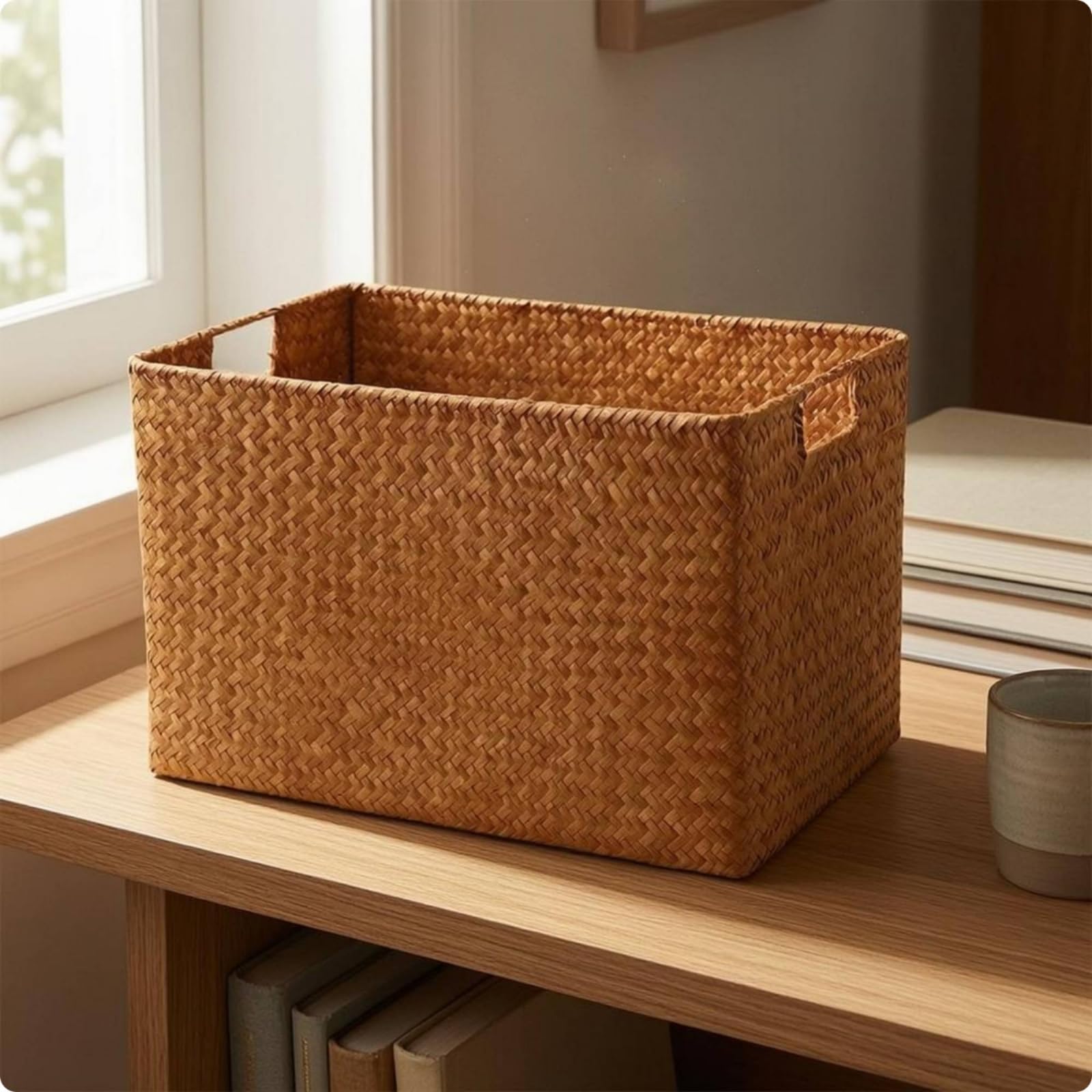 Kunststoffbox mit Grifföffnungen gewebte Struktur geflochtene Aufbewahrungsbox rechteckig Korbbox mit Deckel für Arbeitszimmer, Braun, 44x30x29 Cm
