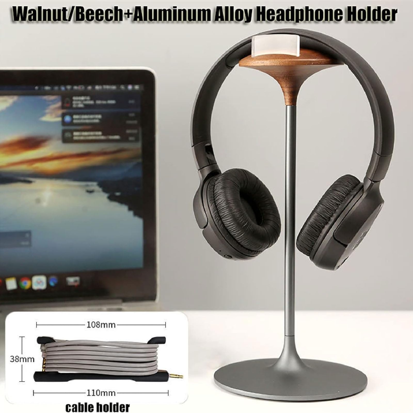 Soporte para Auriculares de Madera y Aluminio, Colgador para Auriculares, Soporte para Auriculares con Base Pesada sólida para Juegos de PC, Soporte para Todos los Auriculares
