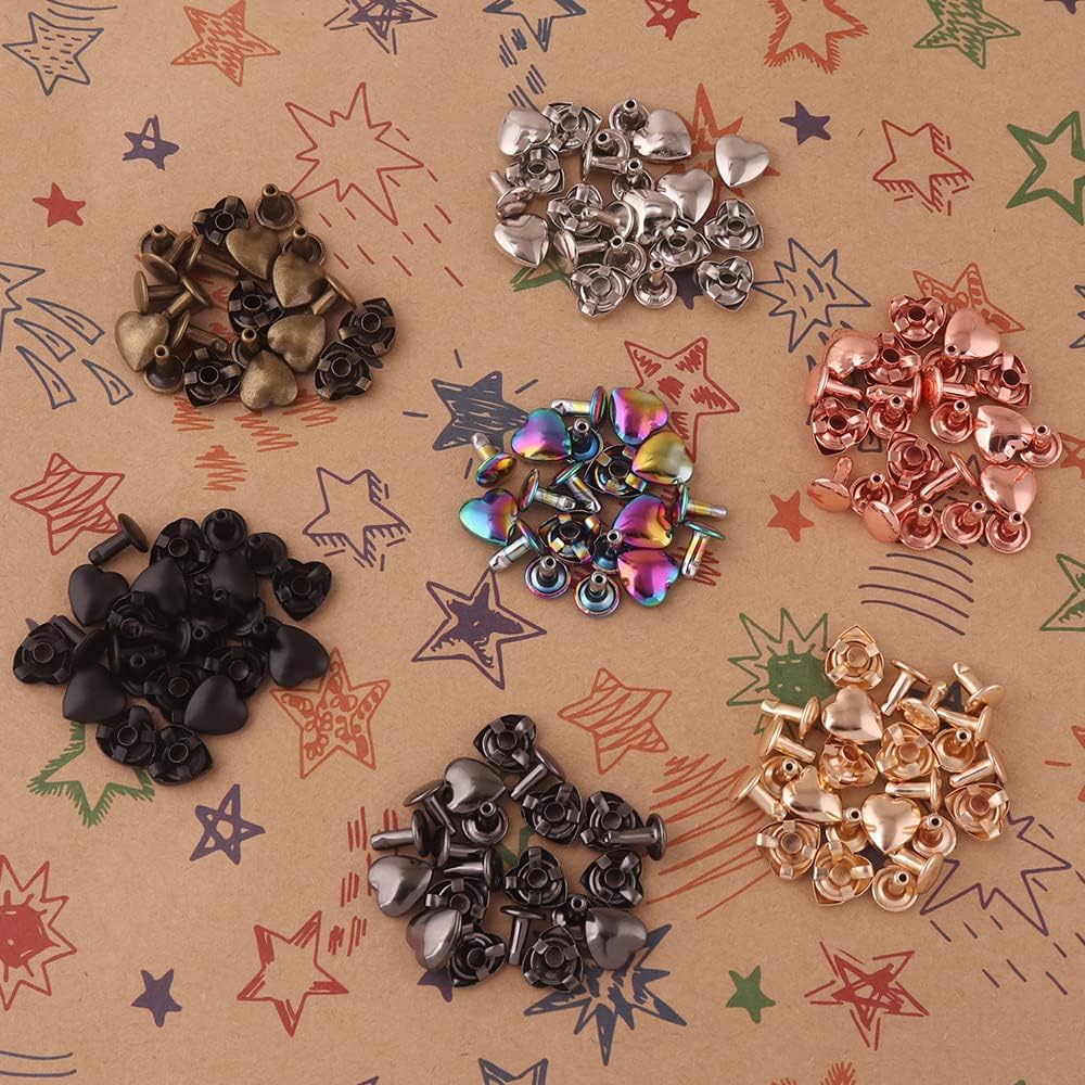 Tubular Double Cap Rivets - Mix Color Heart Shape Rivets 10mm Metal Button Round Rapid Rivet Rivet Studs for Purse Handbags Shoes Belts Leather Craft (Each Color 20pcs)