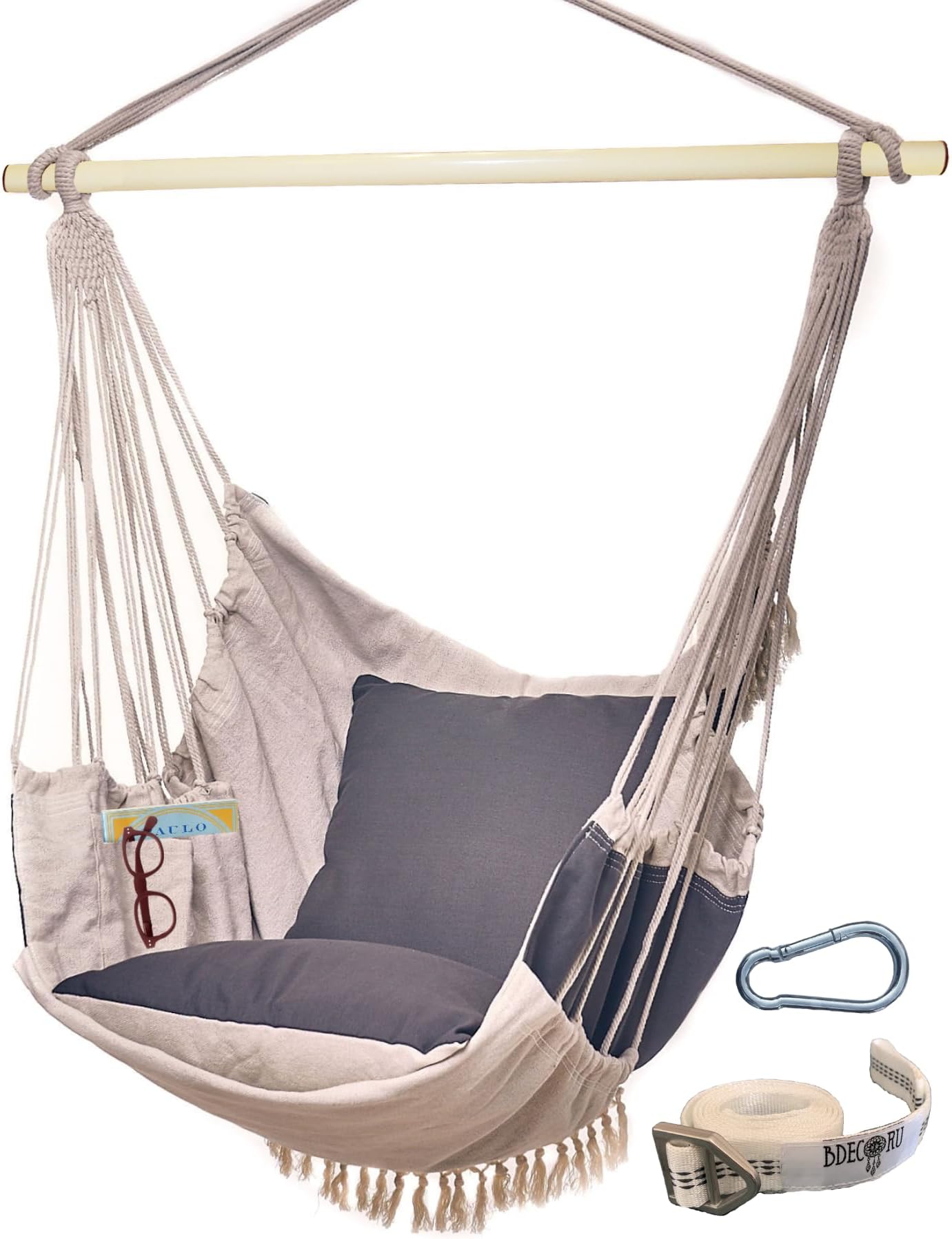 Hanging Hammock Chair Swing - Outdoor & Indoor Hammock Swing Chairs for Outside or Inside of Home, Swing Hanging Chair with Footrest - Includes 2 Cushions, Bag, & Hanging Kit - Gray Beige