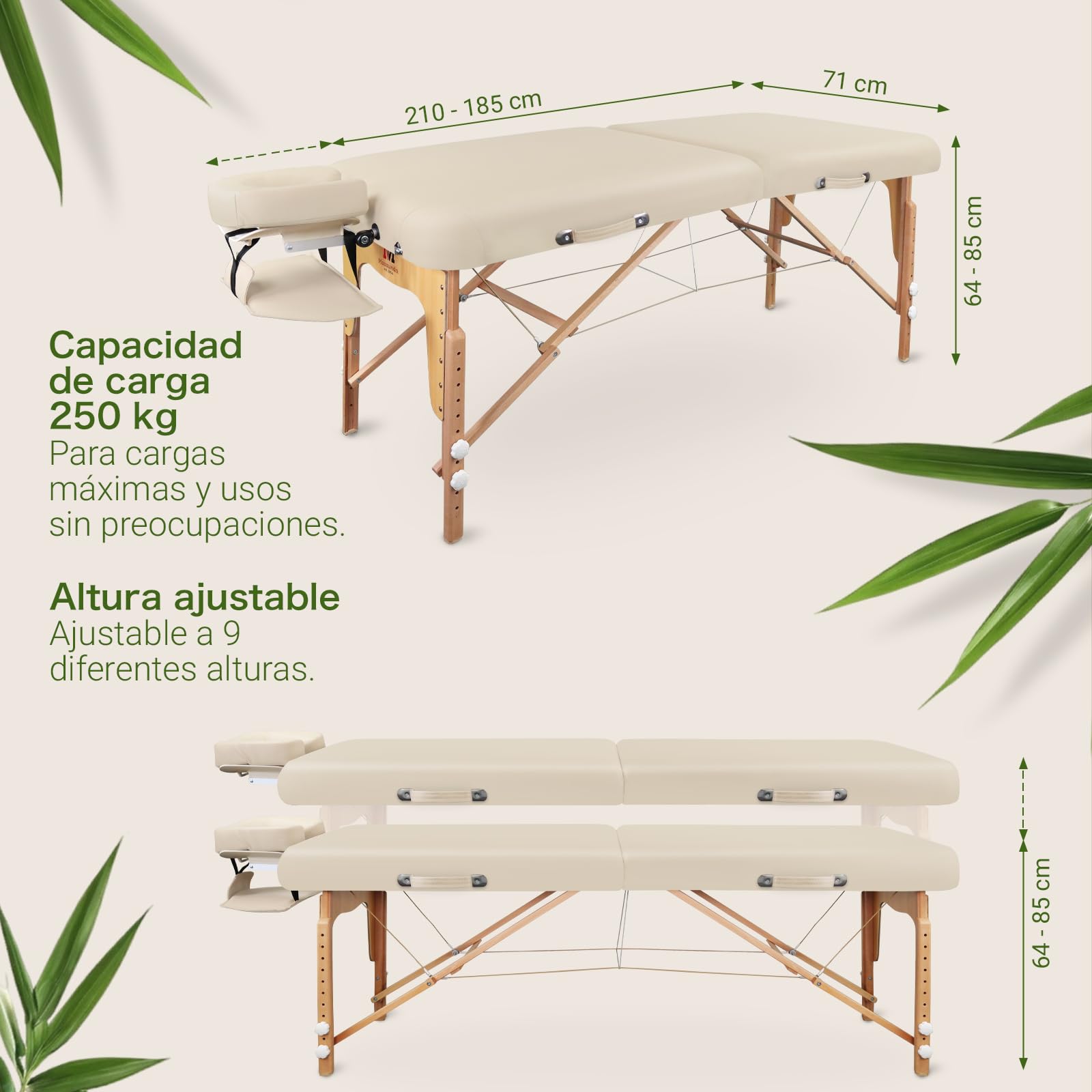 MASSUNDA - Camilla Masaje móvil Confort Deluxe Regulable en Altura - Camilla estetica Ancha de Madera Maciza - Camilla con reposacabezas ergonómico, Funda, reposabrazos, cojín (Negro) Crema
