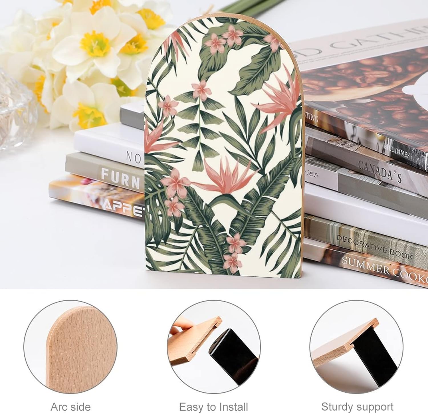 Plumeria Flowers Leaves Palm Trees Book Ends for Shelves Wooden Book Stand Book Holder for Library School Office Home Study Decor