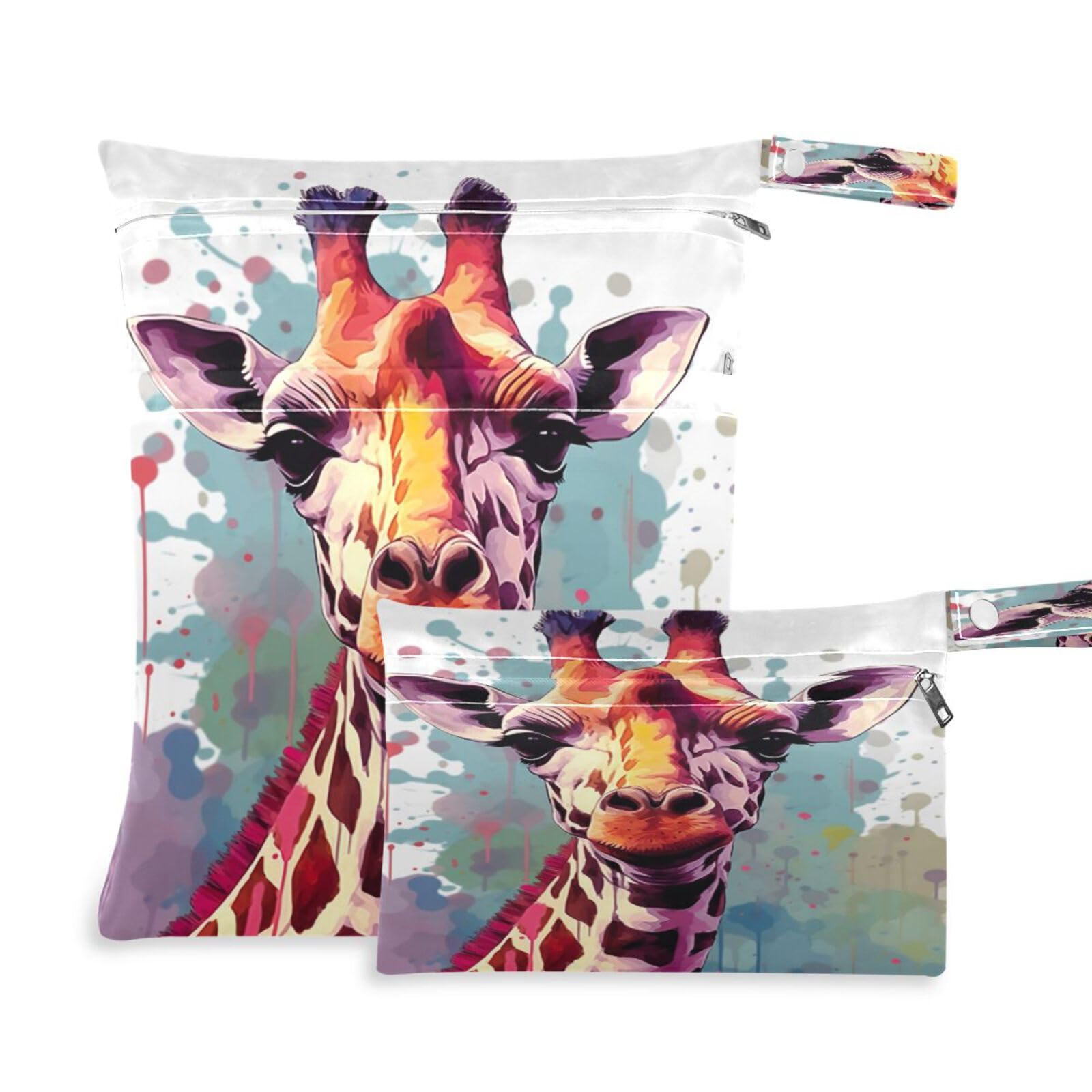 ATTX Giraffe Painting Wet Dry Bags 2-Pack - Reusable Cloth Diaper Storage for Travel, Beach & Gym | Multi-Use Waterproof Bags for Swimsuits, Baby Clothes, Sports Gear#221