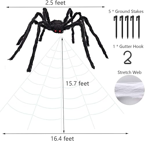 Miniatura 3 de Decoraciones de Halloween para exteriores, telaraña gigante de 16 pies con araña grande de 29.5 pulgadas, telarañas elásticas y 2 arañas pequeñas,